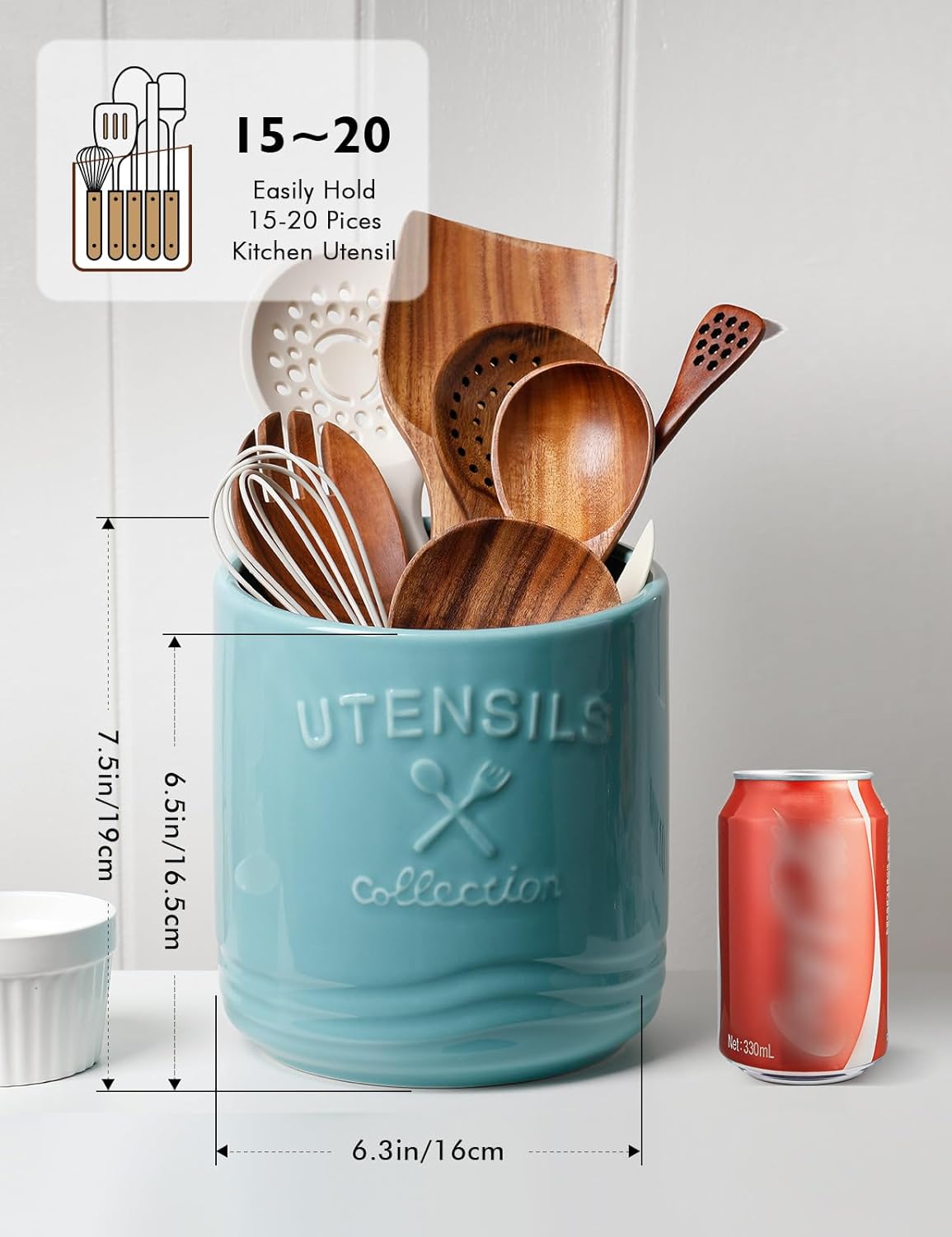 Large Ceramic Utensil Holder 7.5" H×6.3" W with Slanted Mouth - Utensil Crock with Non-Slip Cork Base for Kitchen Counter, Ideal for Decor & Gift,Blue