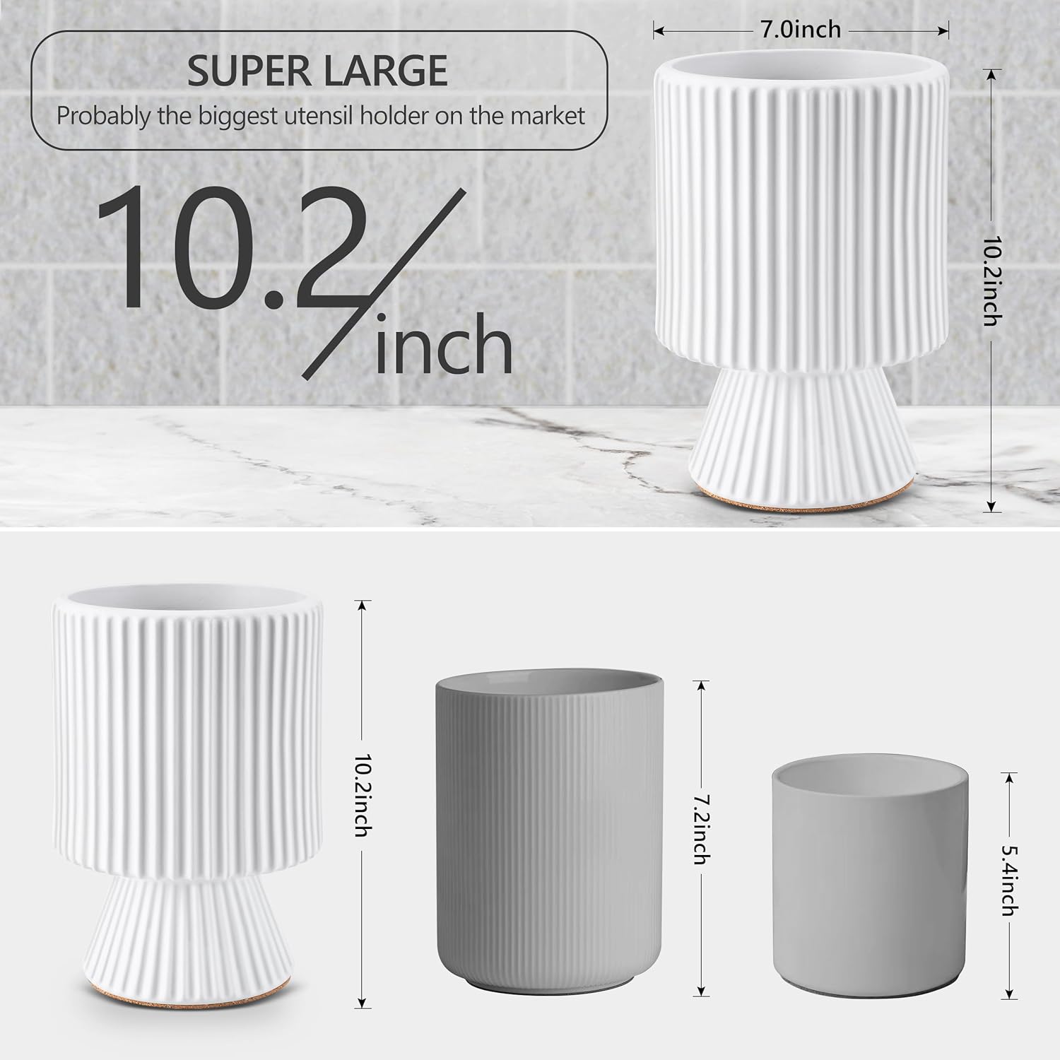 Utensil Holder, 10.2" Extra Large Ceramic Kitchen Utensil Holder for Countertop, Utensil Organizer for Kitchen Counter, Morden Aesthetic Utensil Crock for Kitchen Decor - White