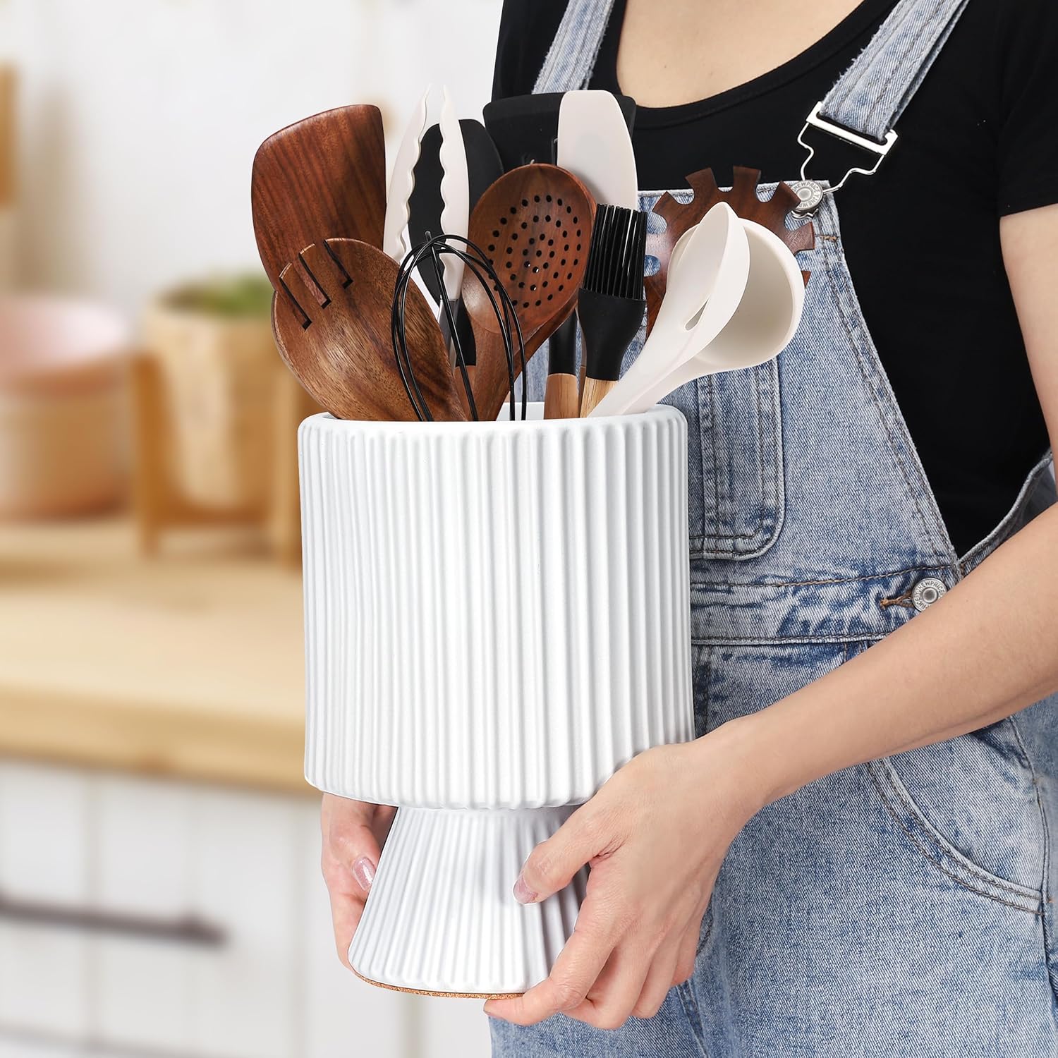 Utensil Holder, 10.2" Extra Large Ceramic Kitchen Utensil Holder for Countertop, Utensil Organizer for Kitchen Counter, Morden Aesthetic Utensil Crock for Kitchen Decor - White