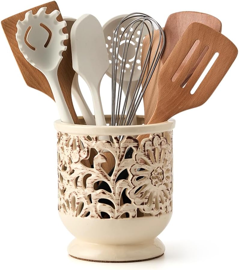 Farmhouse Kitchen Utensil Holder for Countertop, Ceramic Large Cooking Utensil Crock with Cork Mat, Decorative Rustic Utensil Holder for Kitchen Counter, Hollow Carving Flower, Beige