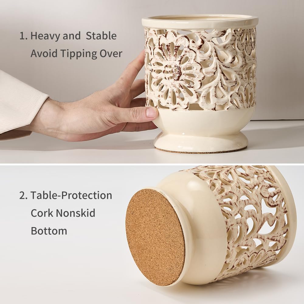 Farmhouse Kitchen Utensil Holder for Countertop, Ceramic Large Cooking Utensil Crock with Cork Mat, Decorative Rustic Utensil Holder for Kitchen Counter, Hollow Carving Flower, Beige