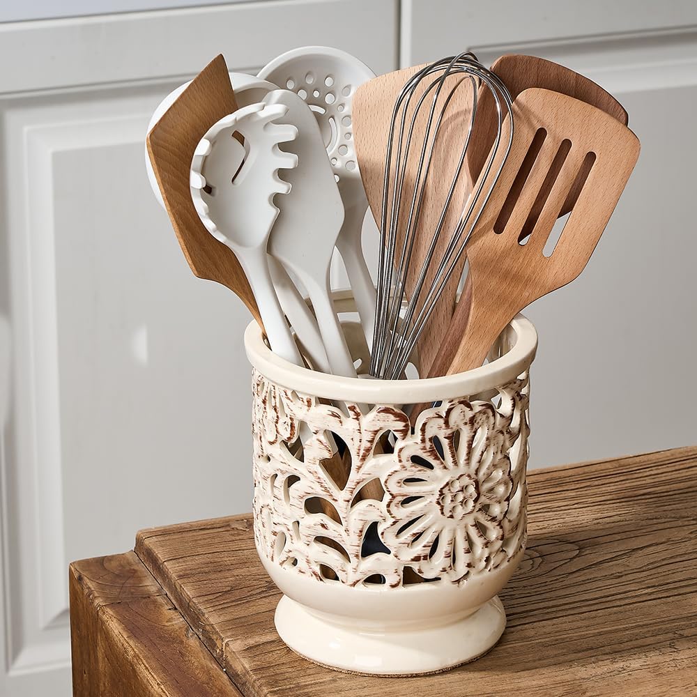 Farmhouse Kitchen Utensil Holder for Countertop, Ceramic Large Cooking Utensil Crock with Cork Mat, Decorative Rustic Utensil Holder for Kitchen Counter, Hollow Carving Flower, Beige