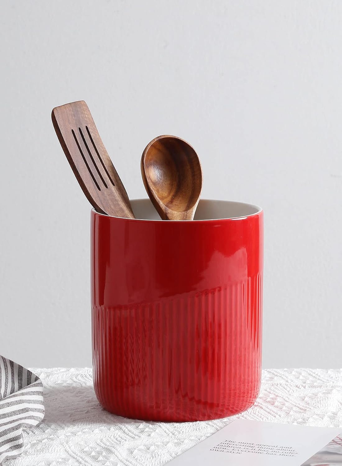  Ceramic Kitchen Utensil Holder, 7" Large Stable Utensil Crock, Cooking Utensil Organizer for Kitchen Counter, Kitchen Decor, kitchen spoon holder for countertop, Dishwasher Safe, Red