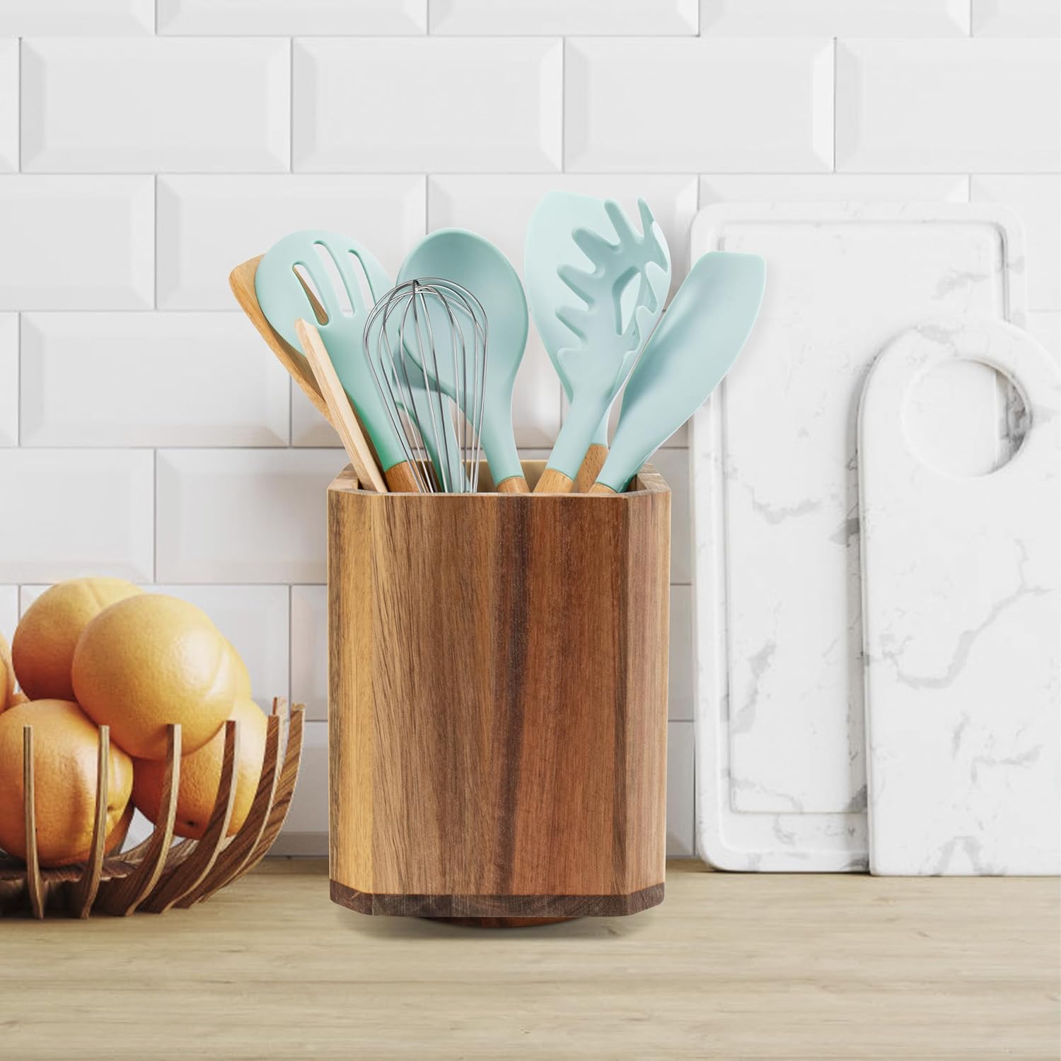 Acacia Wood Utensil Holder, 360° Rotating Large Cooking Utensil Organizer, Kitchen Tool Storage for Countertop,Spoon Spatula Holder for Kitchen Counter,Farmhouse Kitchen Decor