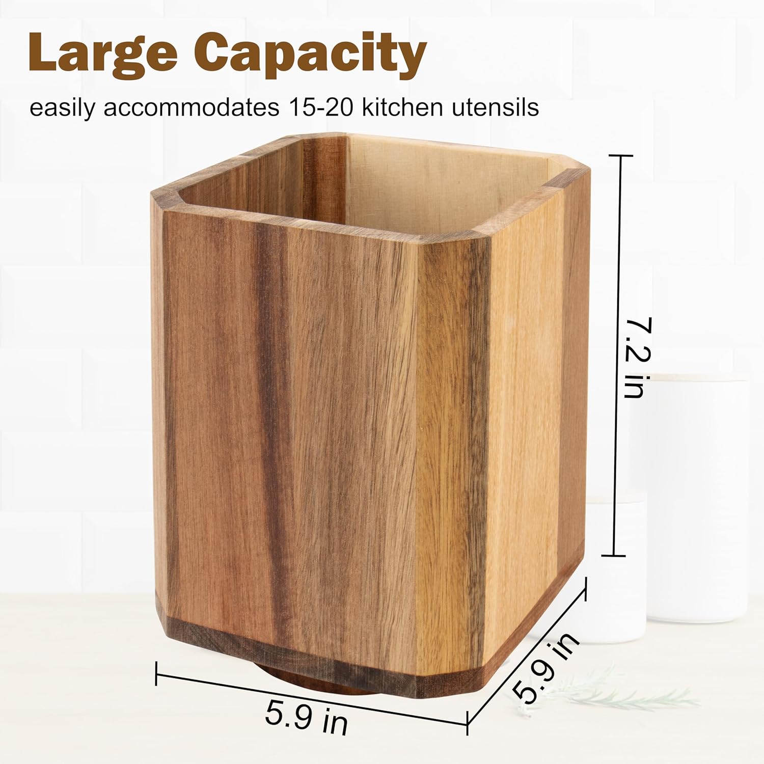 Acacia Wood Utensil Holder, 360° Rotating Large Cooking Utensil Organizer, Kitchen Tool Storage for Countertop,Spoon Spatula Holder for Kitchen Counter,Farmhouse Kitchen Decor