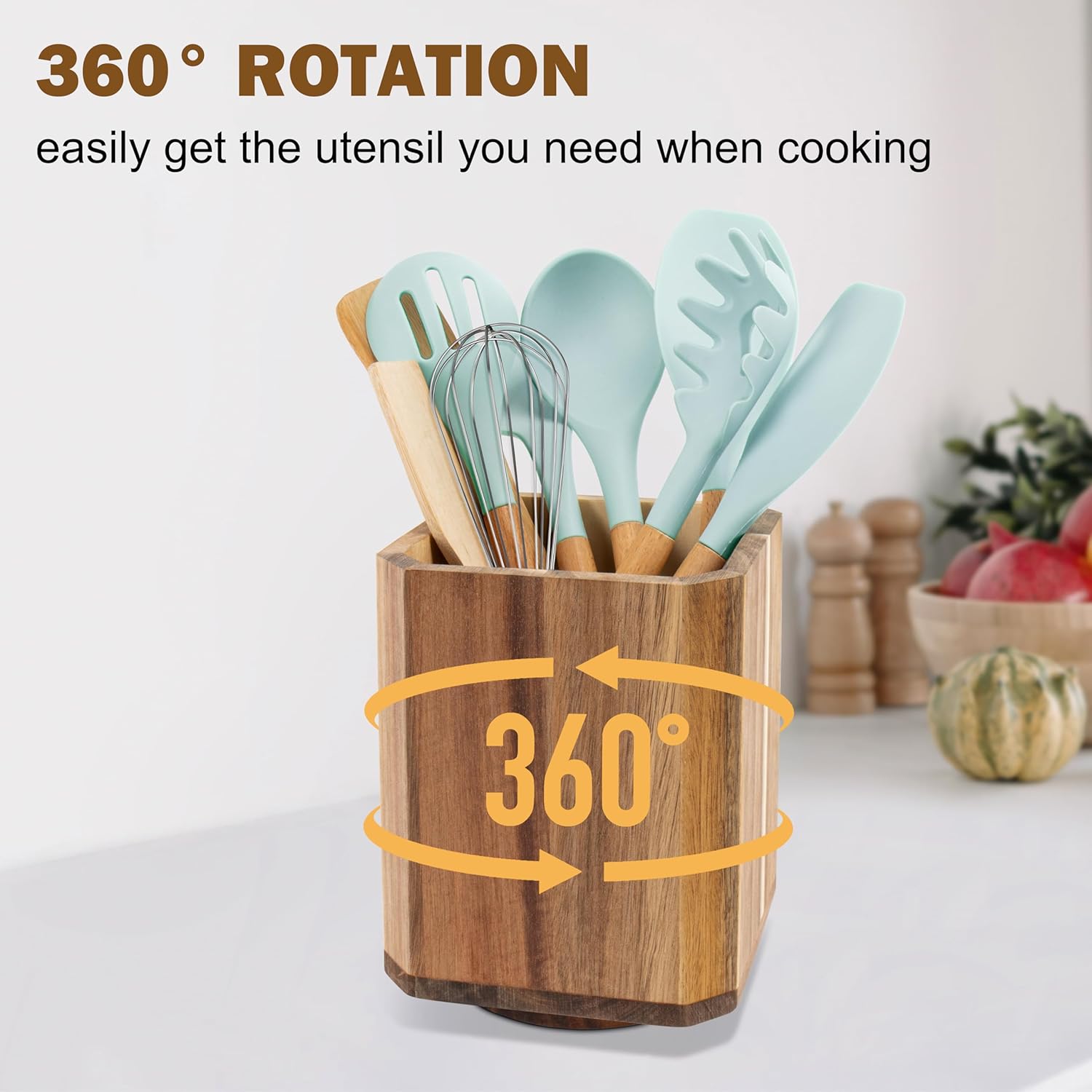 Acacia Wood Utensil Holder, 360° Rotating Large Cooking Utensil Organizer, Kitchen Tool Storage for Countertop,Spoon Spatula Holder for Kitchen Counter,Farmhouse Kitchen Decor