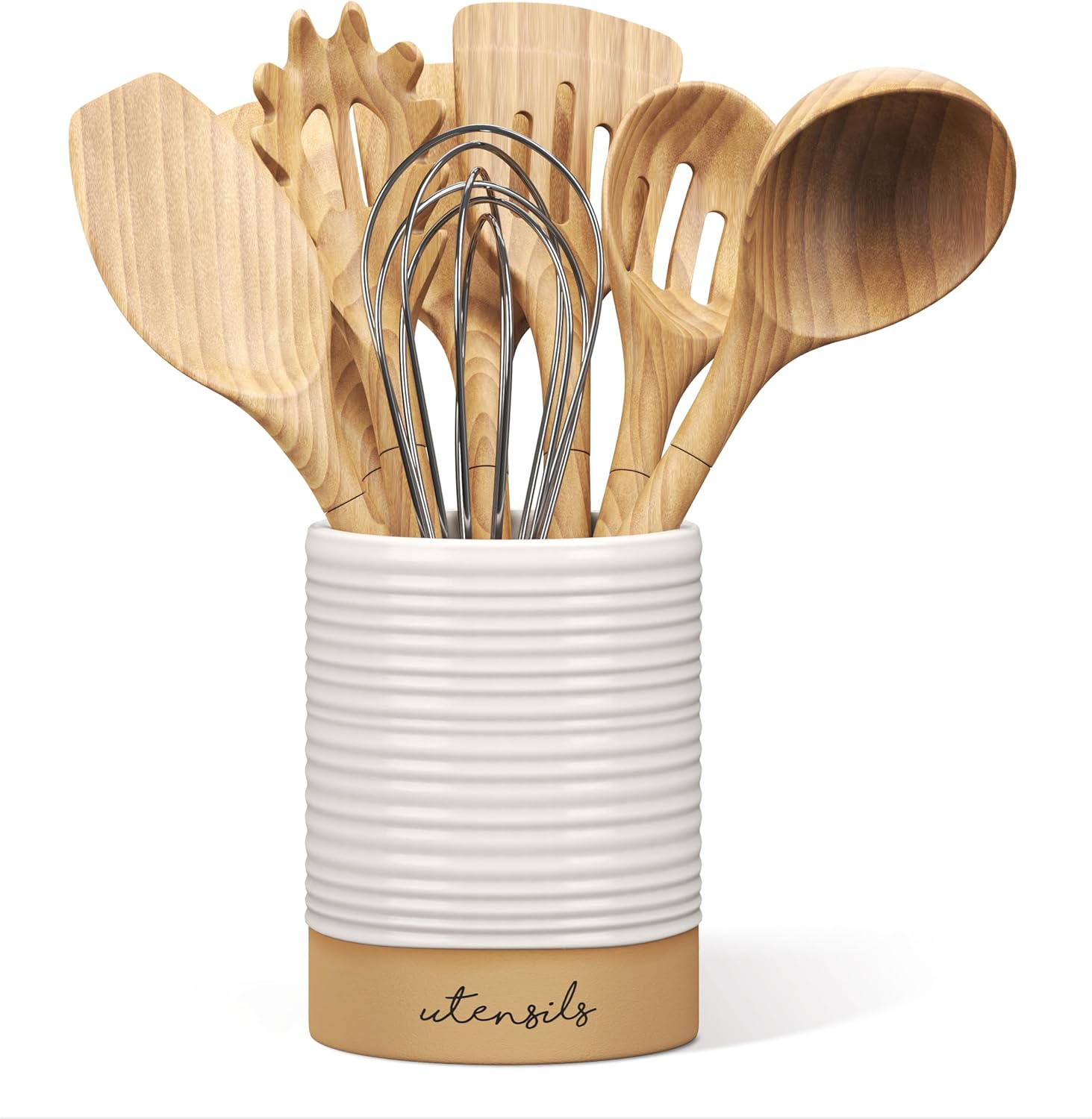 Ceramic Farmhouse Kitchen Utensil Holder for Countertop, Decorative Kitchen Utensil Holder, Large Kitchen Utensil Holder for Kitchen Counter, Utensil Crock Spatula Holder, 6.5" White