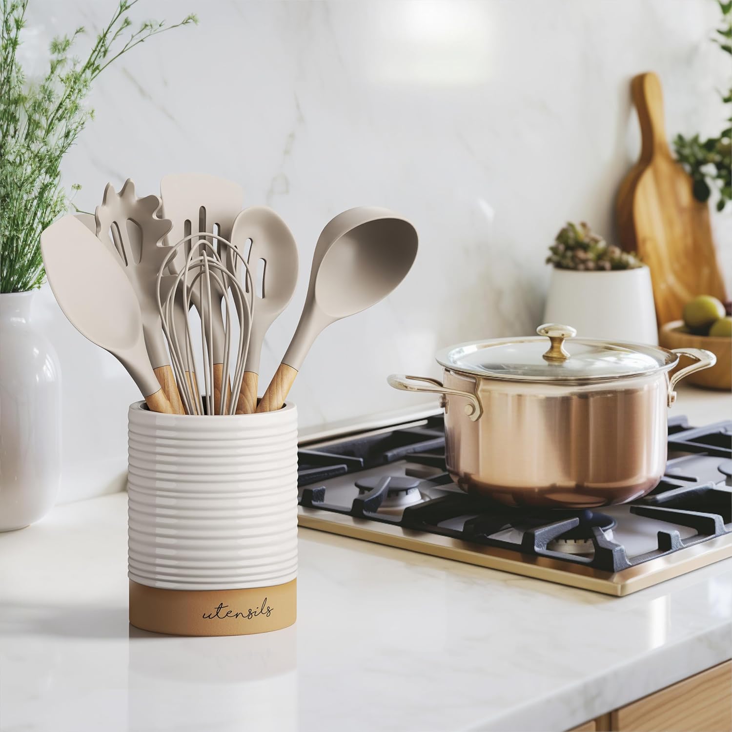 Ceramic Farmhouse Kitchen Utensil Holder for Countertop, Decorative Kitchen Utensil Holder, Large Kitchen Utensil Holder for Kitchen Counter, Utensil Crock Spatula Holder, 6.5" White