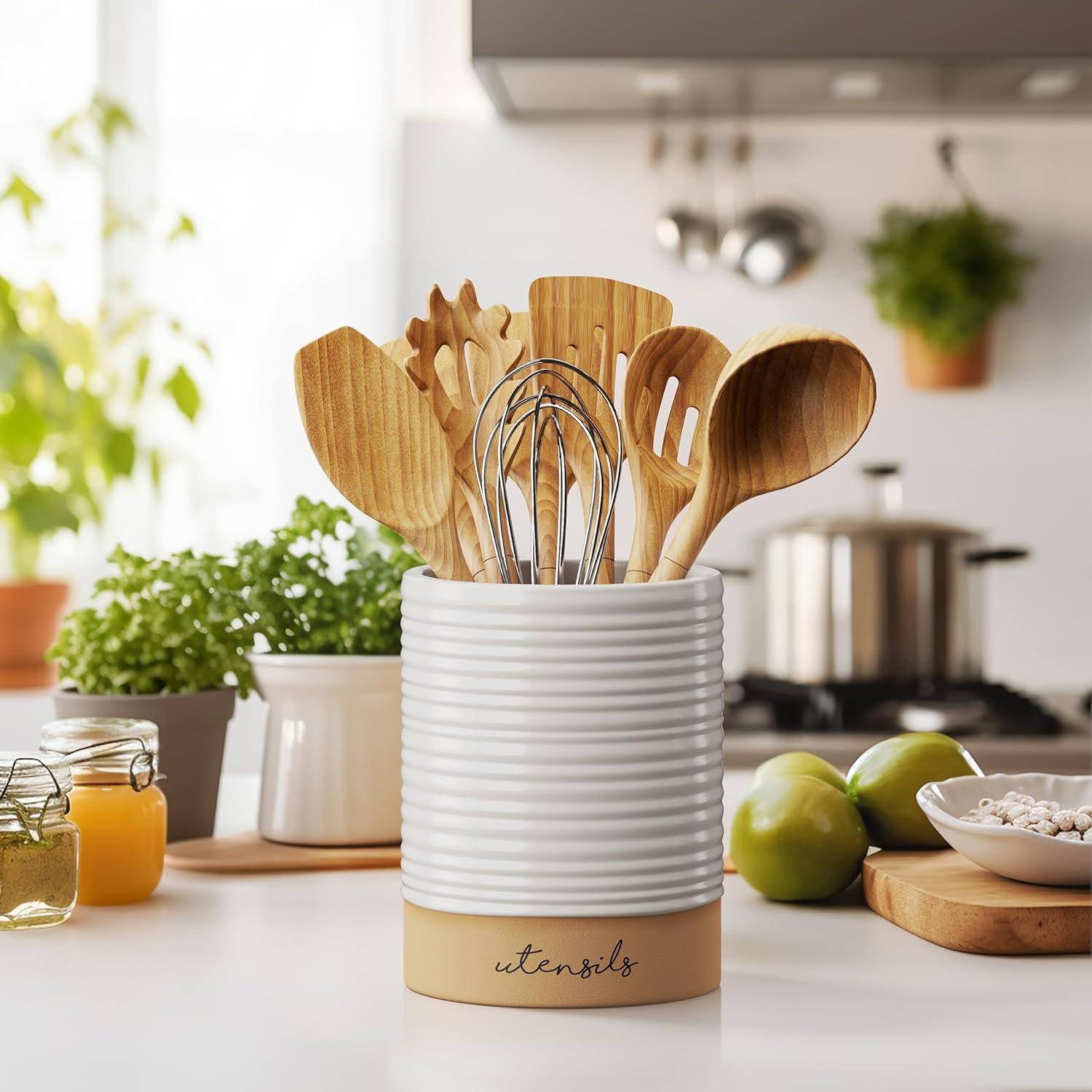 Ceramic Farmhouse Kitchen Utensil Holder for Countertop, Decorative Kitchen Utensil Holder, Large Kitchen Utensil Holder for Kitchen Counter, Utensil Crock Spatula Holder, 6.5" White