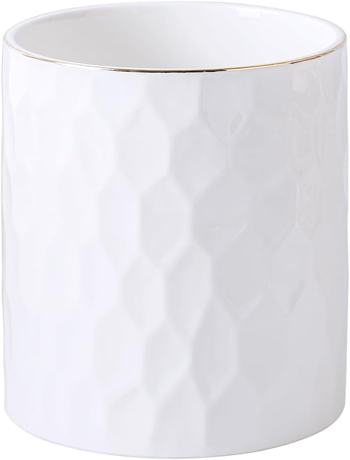 Kitchen Utensil Holder, Large Ceramic Cooking Utensil Holder with Gold Line Modern Utensil Crocks (W6.1” x H7.2”) for Kitchen Counter-Farmhouse, Housewarming Gift 