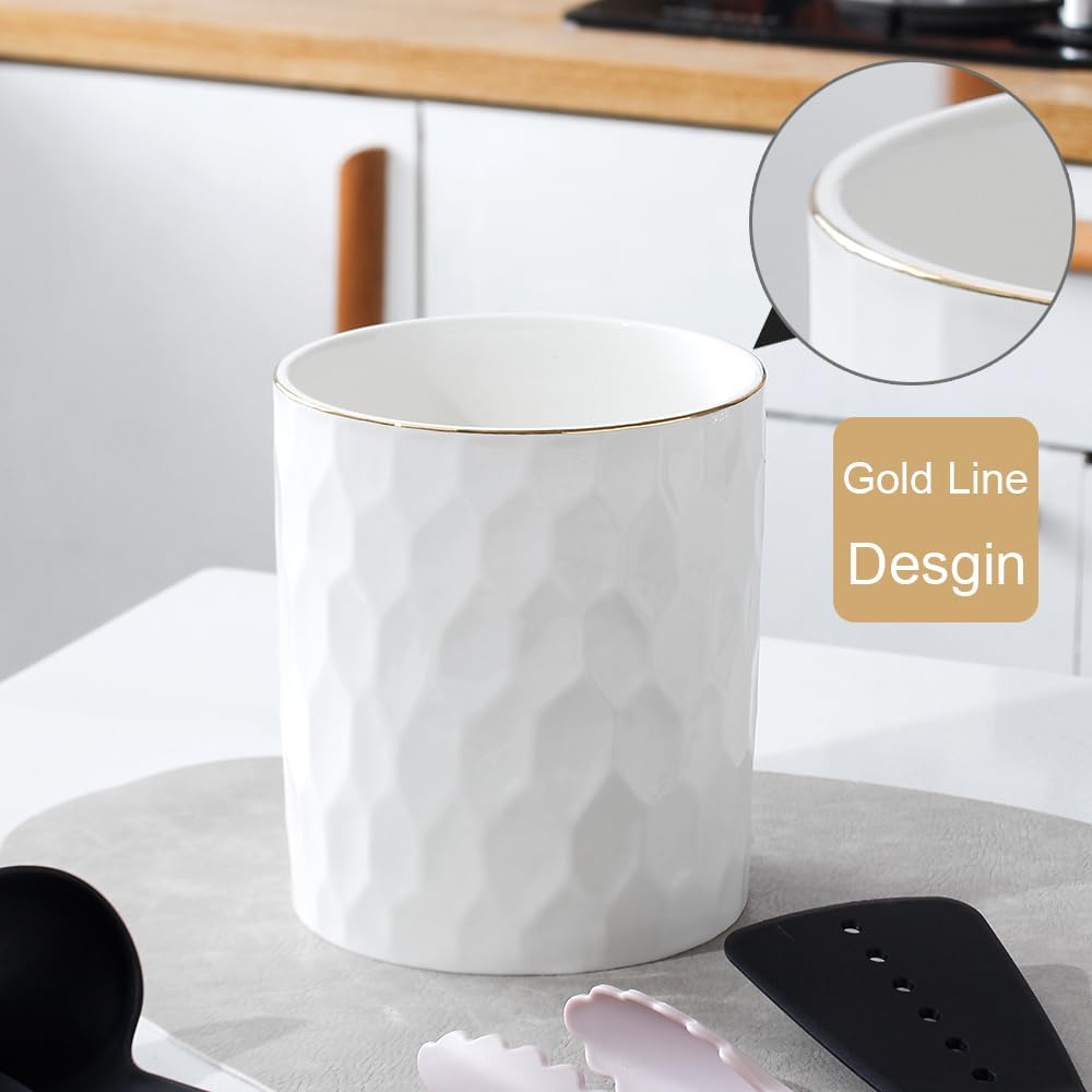 Kitchen Utensil Holder, Large Ceramic Cooking Utensil Holder with Gold Line Modern Utensil Crocks (W6.1” x H7.2”) for Kitchen Counter-Farmhouse, Housewarming Gift 