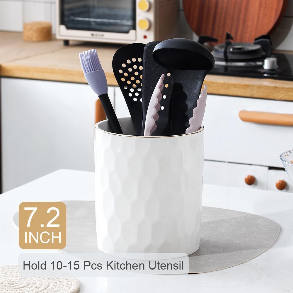 Kitchen Utensil Holder, Large Ceramic Cooking Utensil Holder with Gold Line Modern Utensil Crocks (W6.1” x H7.2”) for Kitchen Counter-Farmhouse, Housewarming Gift 