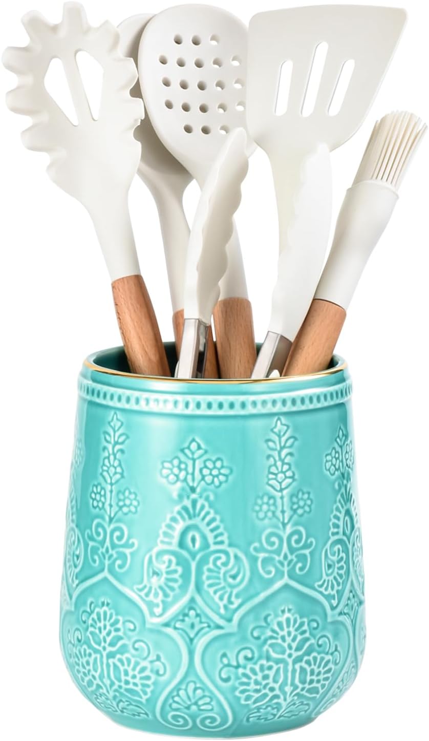 Utensil Holder, Large Kitchen Utensil Holder for Kitchen Counter, 6.5”Ceramic Cooking Utensil Holder, Kitchen Decor for Counter (Turquoise)