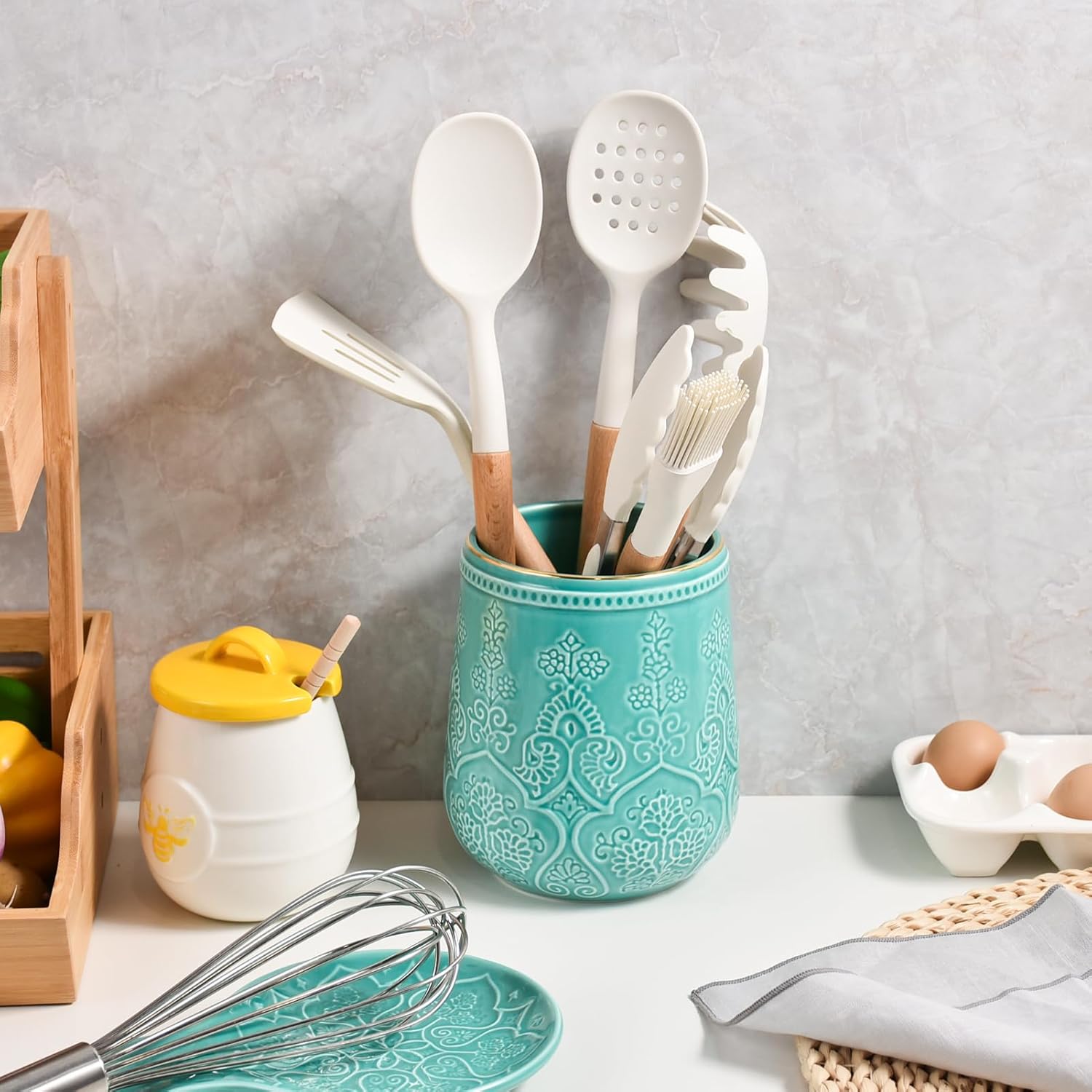 Utensil Holder, Large Kitchen Utensil Holder for Kitchen Counter, 6.5”Ceramic Cooking Utensil Holder, Kitchen Decor for Counter (Turquoise)