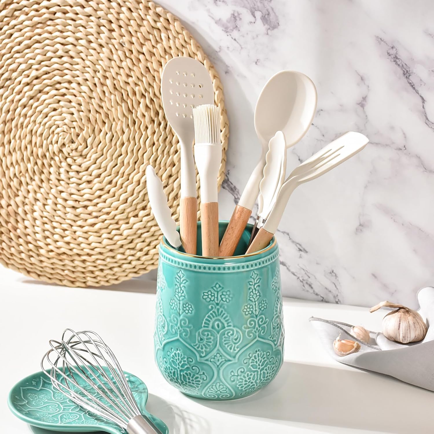 Utensil Holder, Large Kitchen Utensil Holder for Kitchen Counter, 6.5”Ceramic Cooking Utensil Holder, Kitchen Decor for Counter (Turquoise)