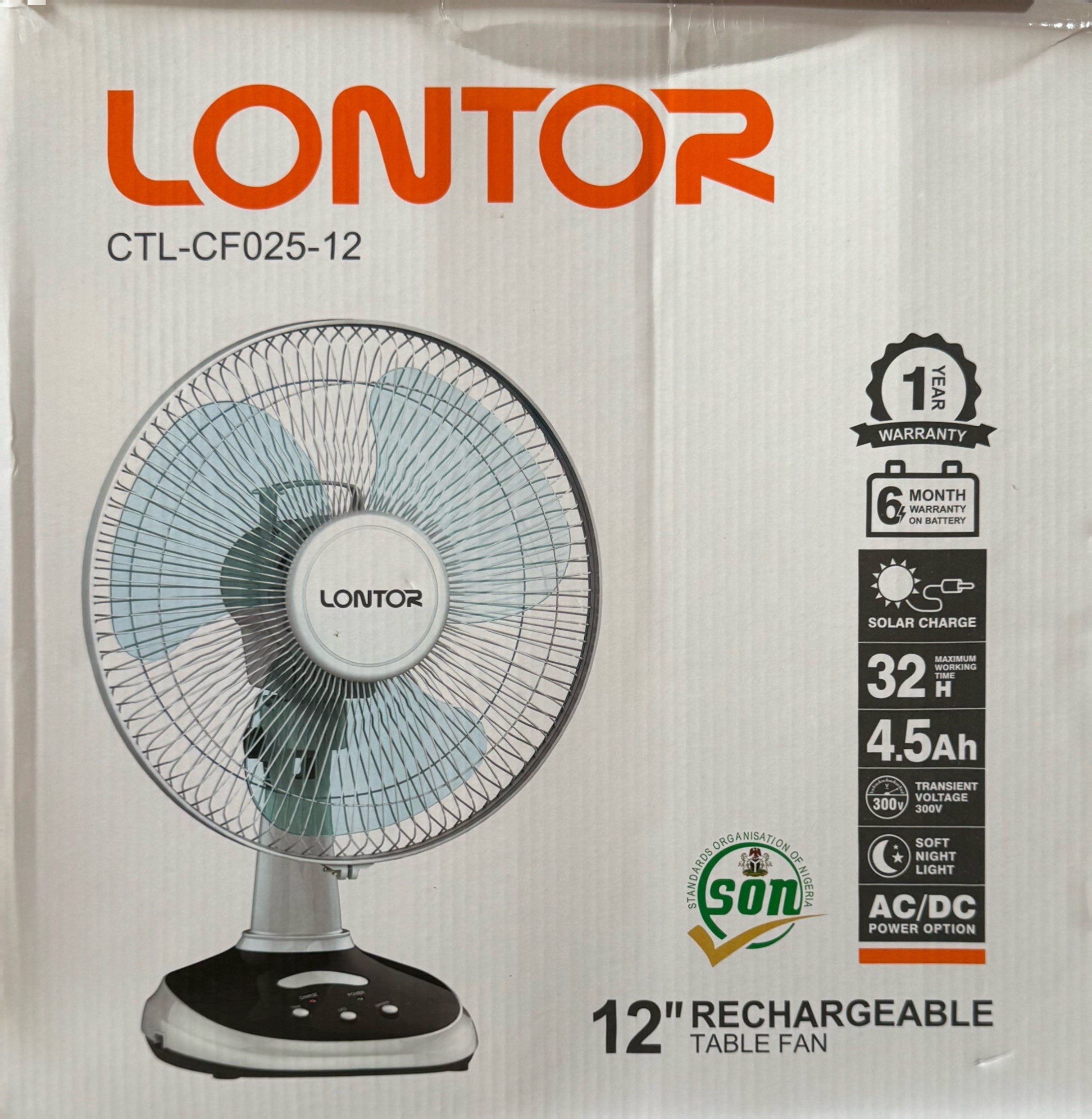 Lontor 12" Rechargeable Table Fan