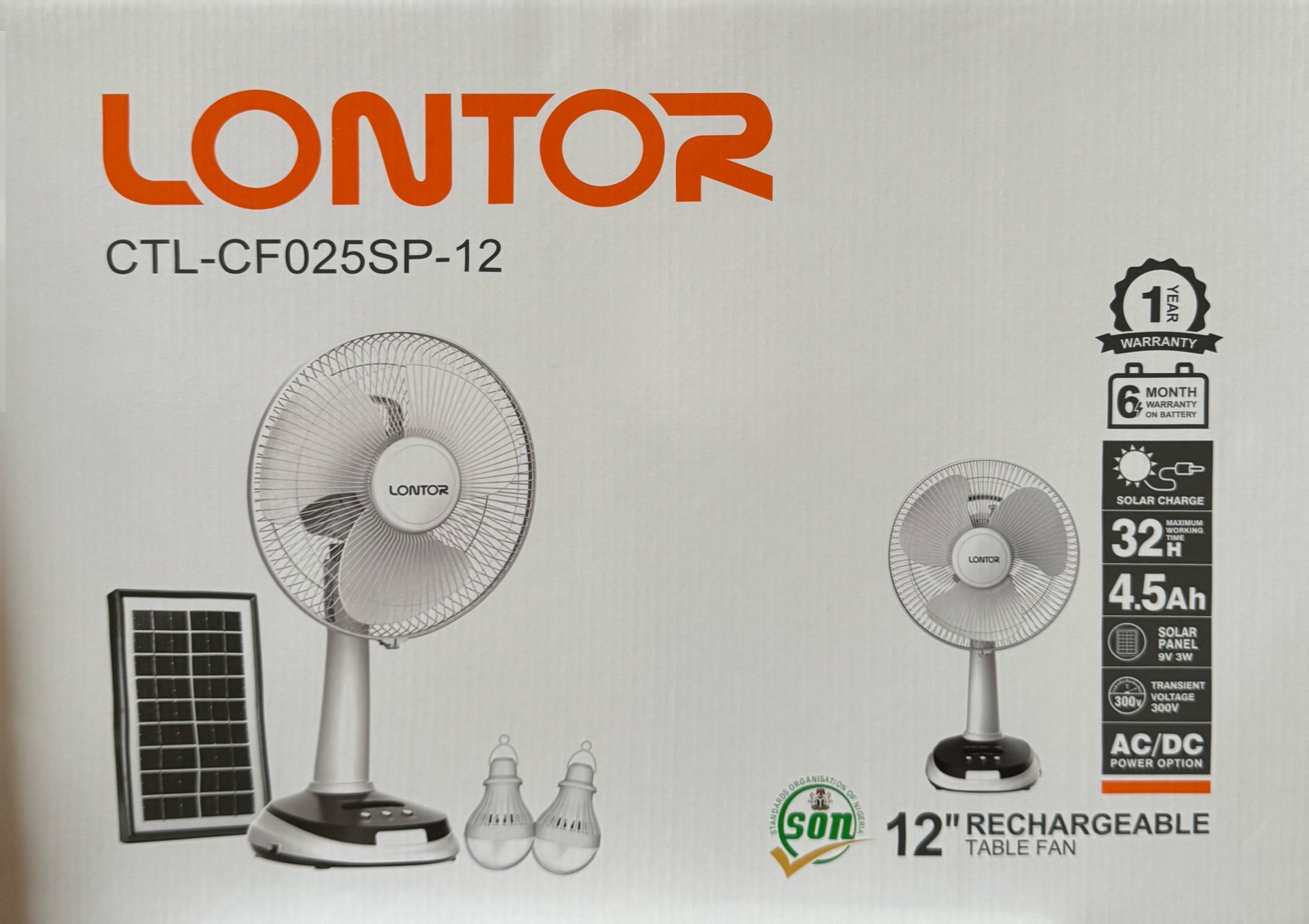 LONTOR 12” Rechargeable Table Fan with Solar panel and bulbs