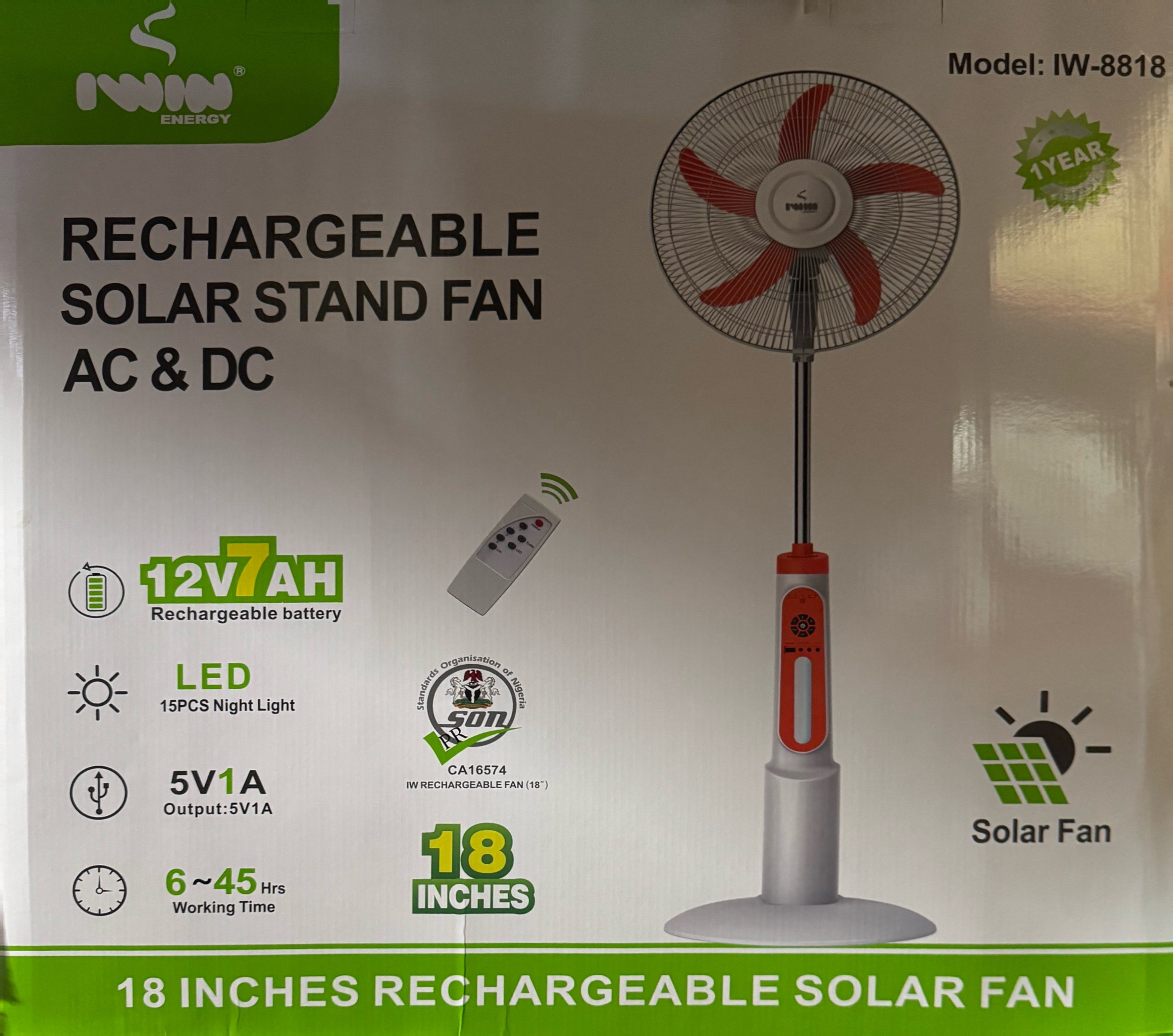 Iwin 18” Rechargeable Solar Stand Fan