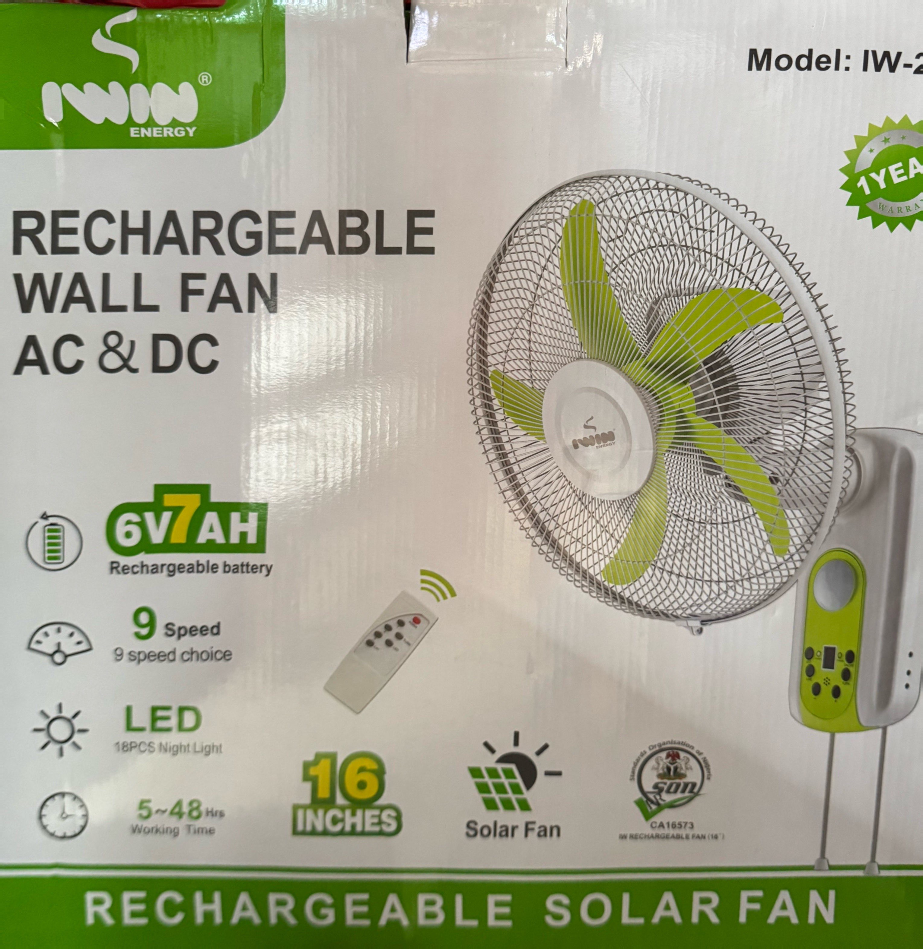 Iwin 16” Rechargeable Wall Fan AC & DC