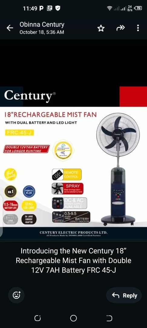 Century 18” Rechargeable Mist Fan