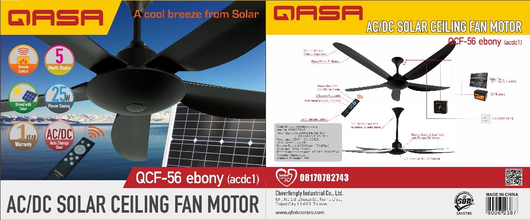 QASA QCF-56 Ebony AC/DC Solar Ceiling Fan 