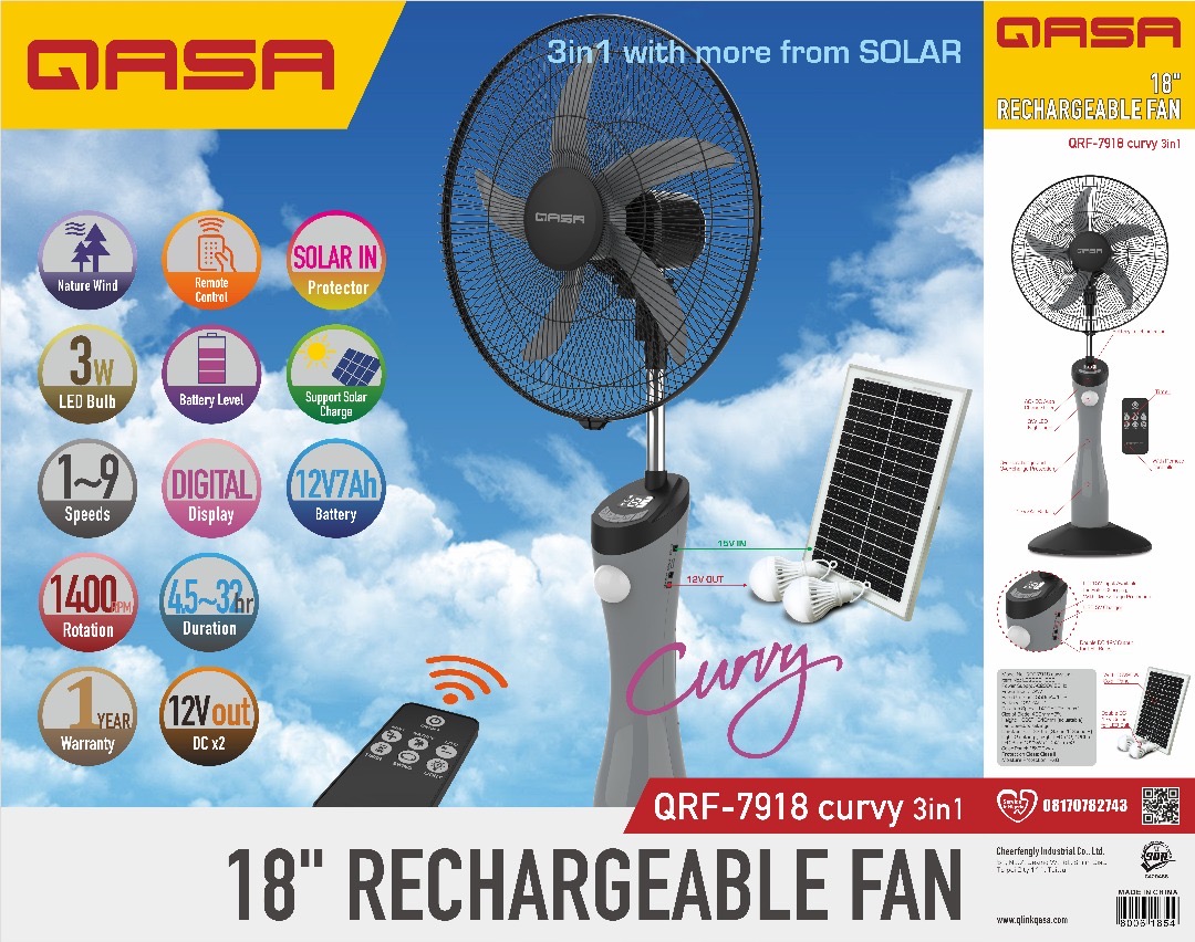 QASA 18" 3 in 1 Rechargeable Fan with Solar Panel and Bulb