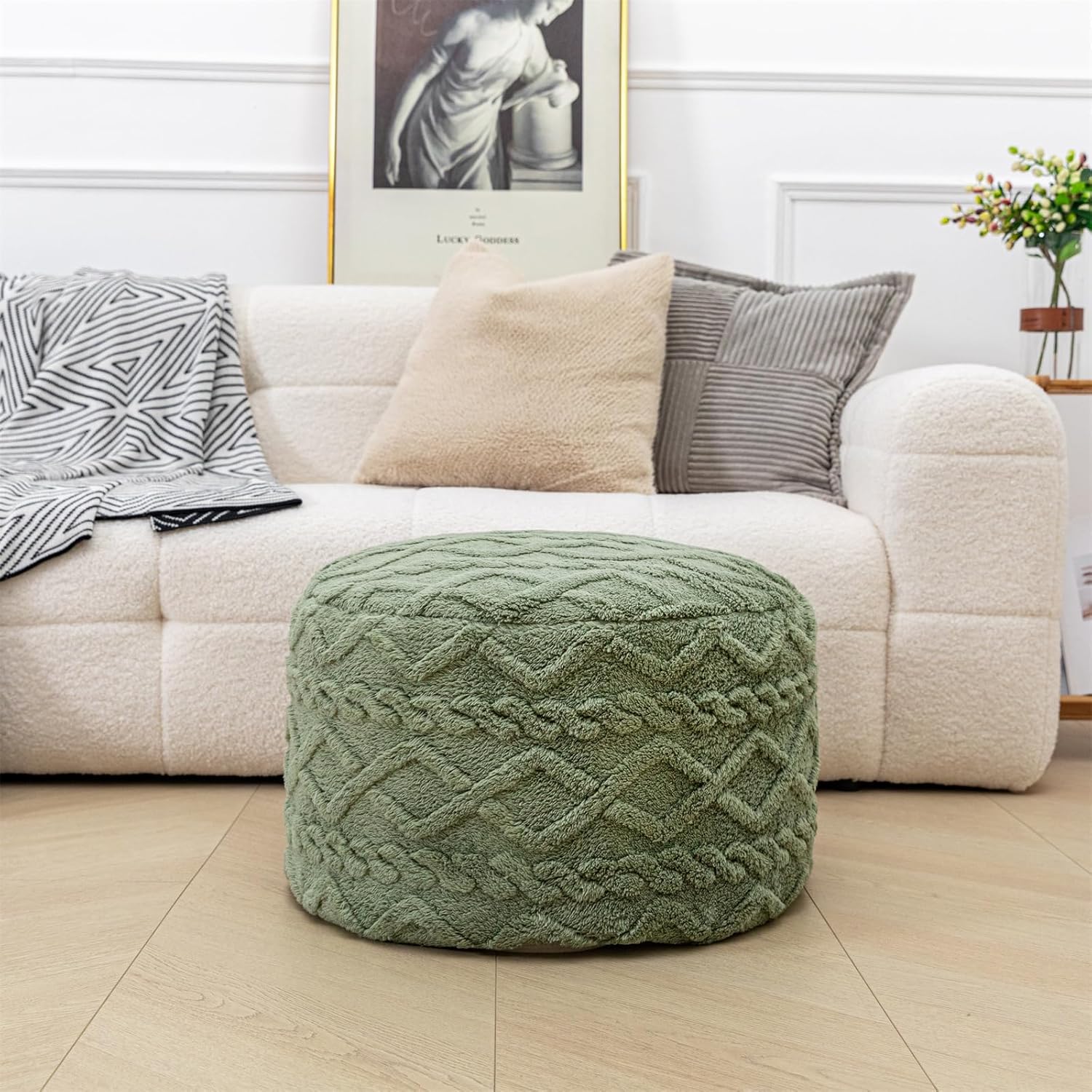 Round Pouf Ottoman Stuffed 20x12 Inches Floor Pouf Chair for Living Room Bedroom Modern Foam Pouf Ottoman Foot Rest for Couch Home Décor Pouffe (Sage Green Pouf with Filling)