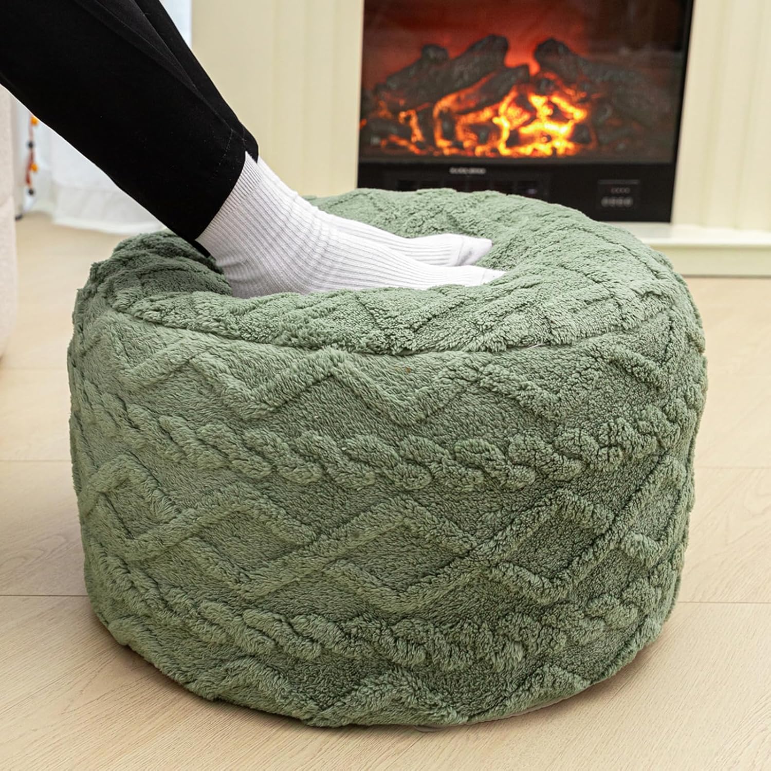 Round Pouf Ottoman Stuffed 20x12 Inches Floor Pouf Chair for Living Room Bedroom Modern Foam Pouf Ottoman Foot Rest for Couch Home Décor Pouffe (Sage Green Pouf with Filling)