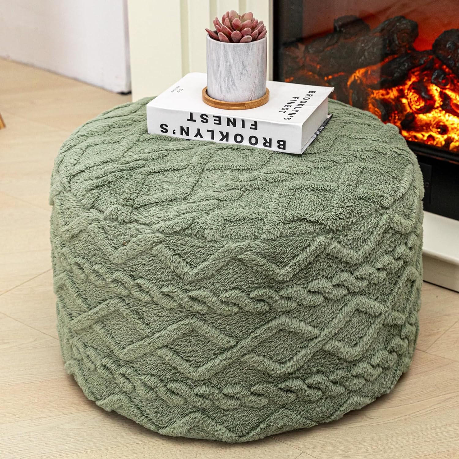 Round Pouf Ottoman Stuffed 20x12 Inches Floor Pouf Chair for Living Room Bedroom Modern Foam Pouf Ottoman Foot Rest for Couch Home Décor Pouffe (Sage Green Pouf with Filling)
