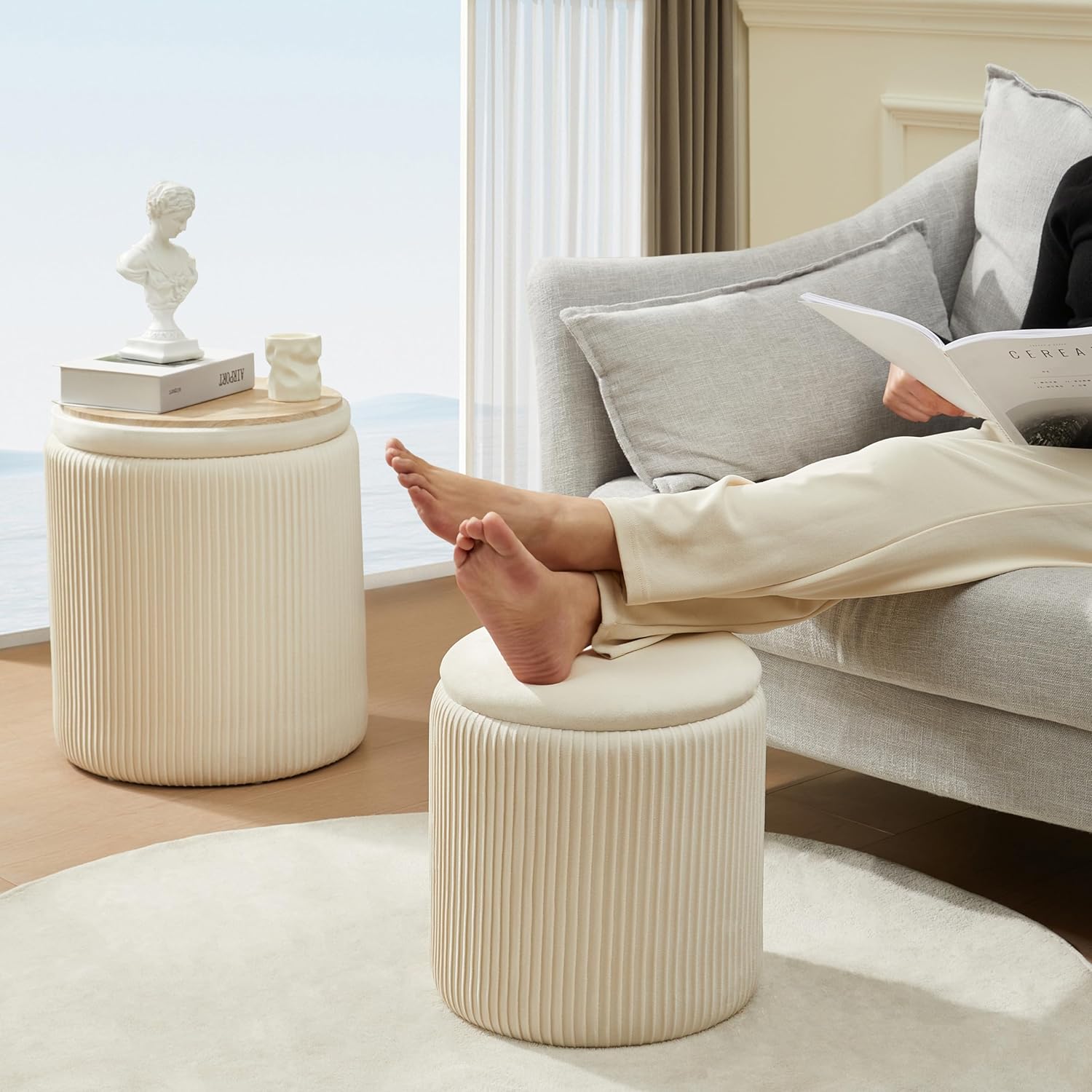 Round Ottoman with Storage Set of 2 Upholstered Velvet Vanity Stool for Makeup Lines Support 300lbs Ottomans Multifunctional Foot Rest Coffee Table Padded Seat for Living Room&Bedroom-Beige
