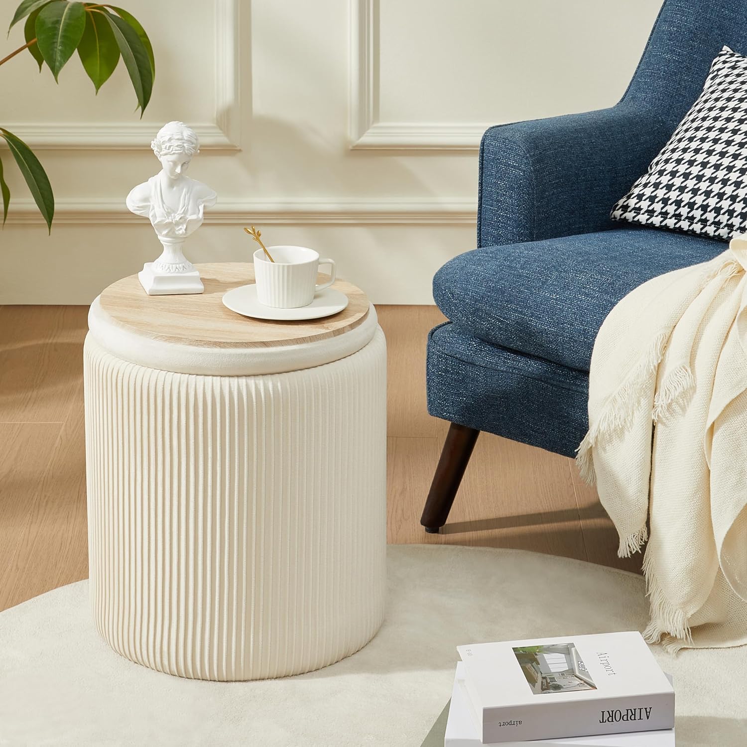 Round Ottoman with Storage Set of 2 Upholstered Velvet Vanity Stool for Makeup Lines Support 300lbs Ottomans Multifunctional Foot Rest Coffee Table Padded Seat for Living Room&Bedroom-Beige