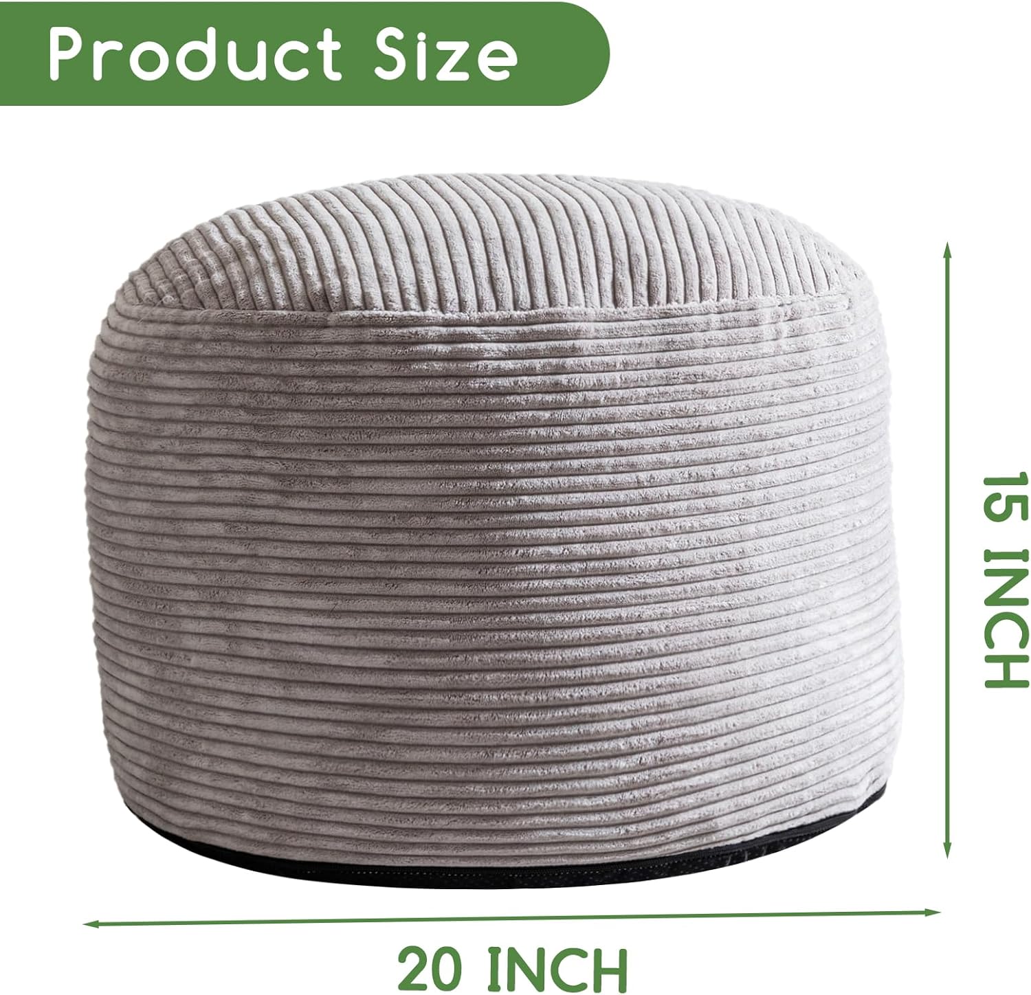 Round Stuffed Pouf Ottoman, Corduroy Poufs with Foam Chunk Filling, Furry and Fluffy Pouf Foot Stool Storage Ottoman, 20 X 15 Floor Poufs Foot Rest for Living Room, Grey