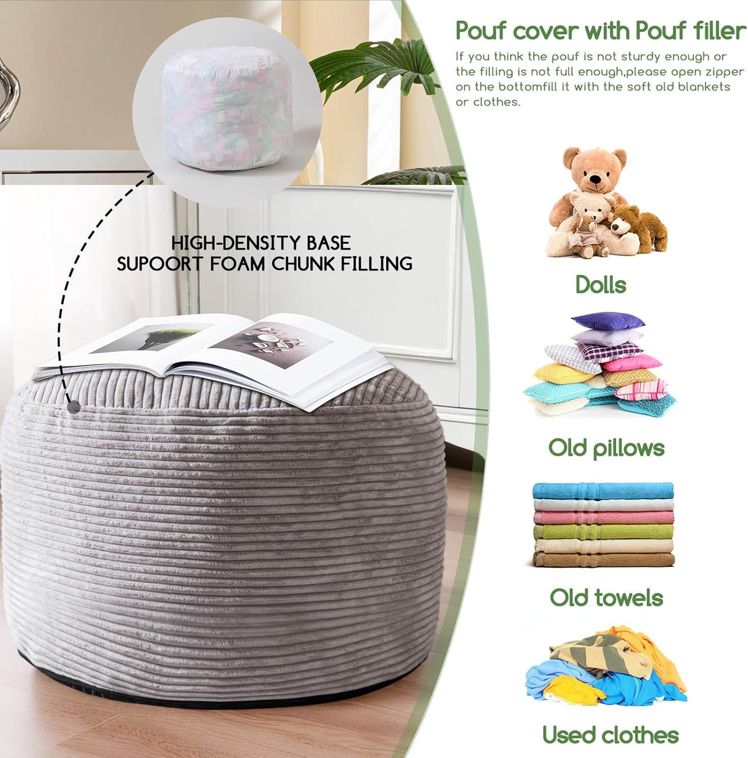 Round Stuffed Pouf Ottoman, Corduroy Poufs with Foam Chunk Filling, Furry and Fluffy Pouf Foot Stool Storage Ottoman, 20 X 15 Floor Poufs Foot Rest for Living Room, Grey