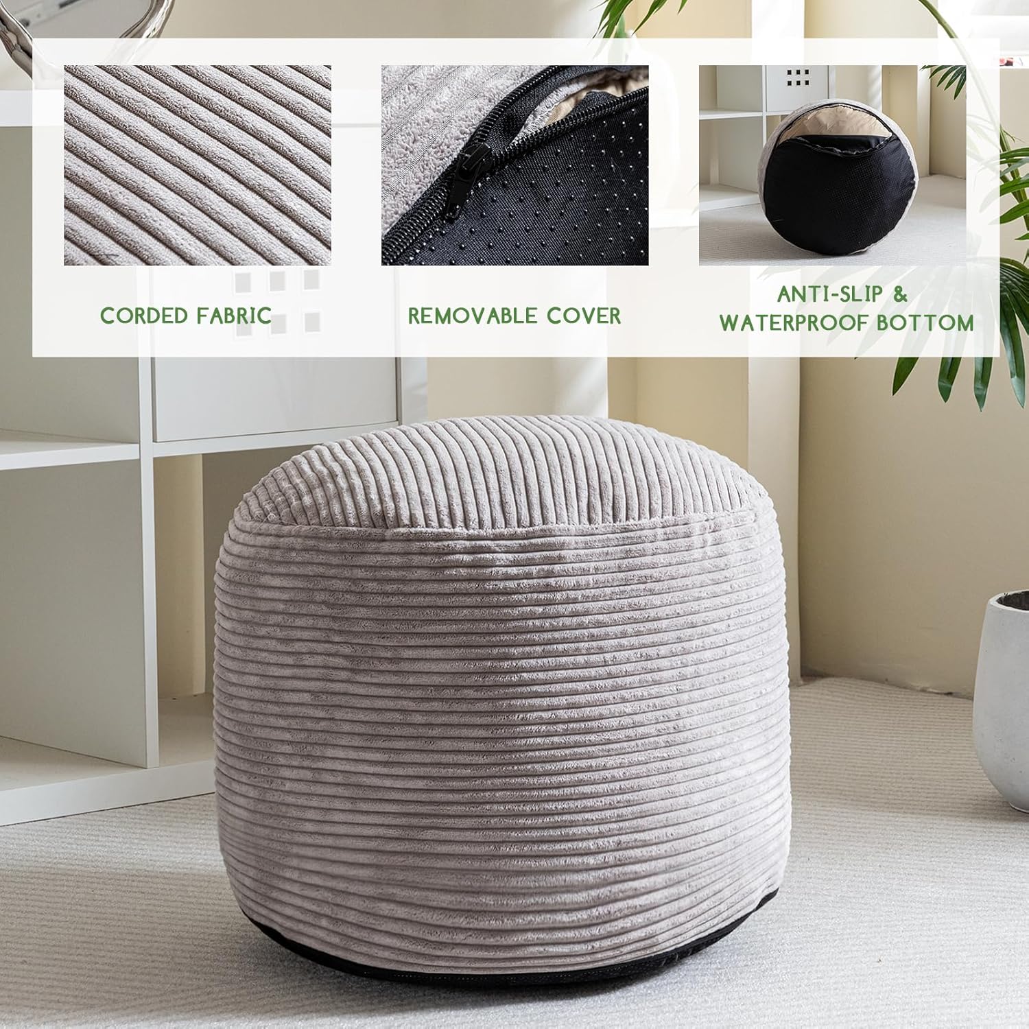 Round Stuffed Pouf Ottoman, Corduroy Poufs with Foam Chunk Filling, Furry and Fluffy Pouf Foot Stool Storage Ottoman, 20 X 15 Floor Poufs Foot Rest for Living Room, Grey