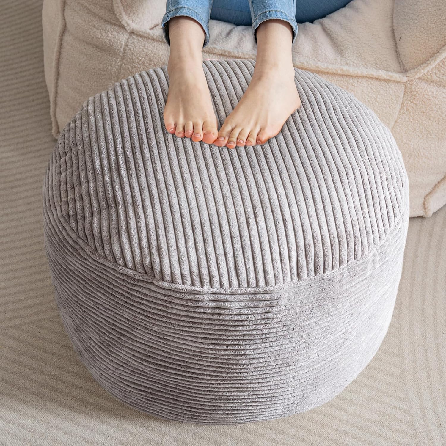 Round Stuffed Pouf Ottoman, Corduroy Poufs with Foam Chunk Filling, Furry and Fluffy Pouf Foot Stool Storage Ottoman, 20 X 15 Floor Poufs Foot Rest for Living Room, Grey