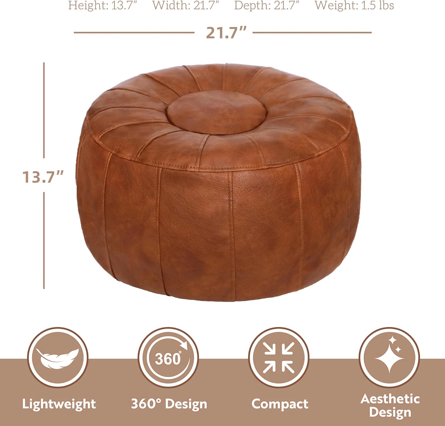 Unstuffed Handmade Moroccan Round Pouf Foot Stool Ottoman Seat Faux Leather Large Storage Bean Bag Floor Chair Foot Rest for Living Room, Bedroom or Wedding Gifts (Light Brown)