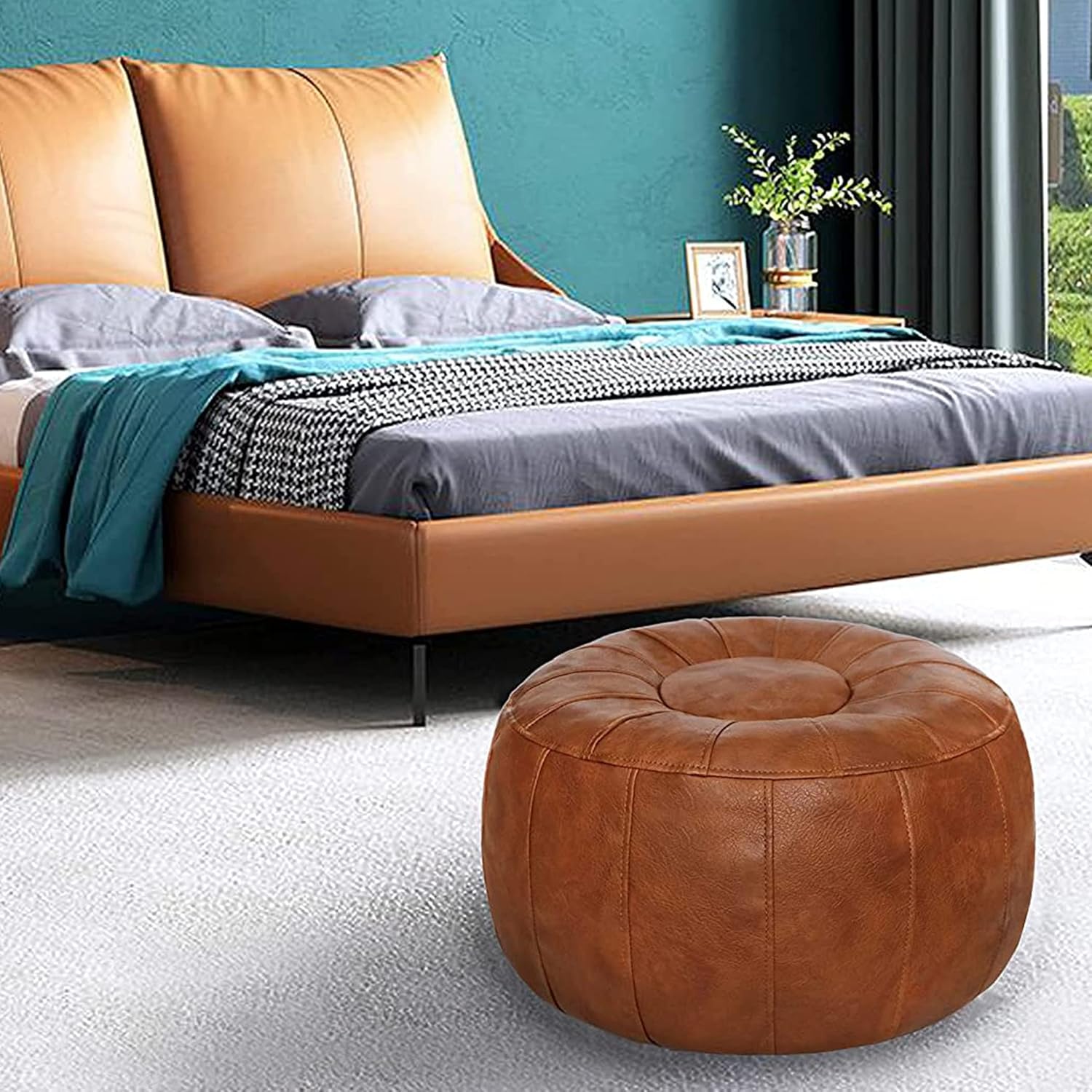 Unstuffed Handmade Moroccan Round Pouf Foot Stool Ottoman Seat Faux Leather Large Storage Bean Bag Floor Chair Foot Rest for Living Room, Bedroom or Wedding Gifts (Light Brown)