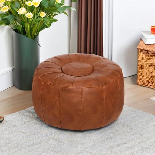 Unstuffed Handmade Moroccan Round Pouf Foot Stool Ottoman Seat Faux Leather Large Storage Bean Bag Floor Chair Foot Rest for Living Room, Bedroom or Wedding Gifts (Light Brown)