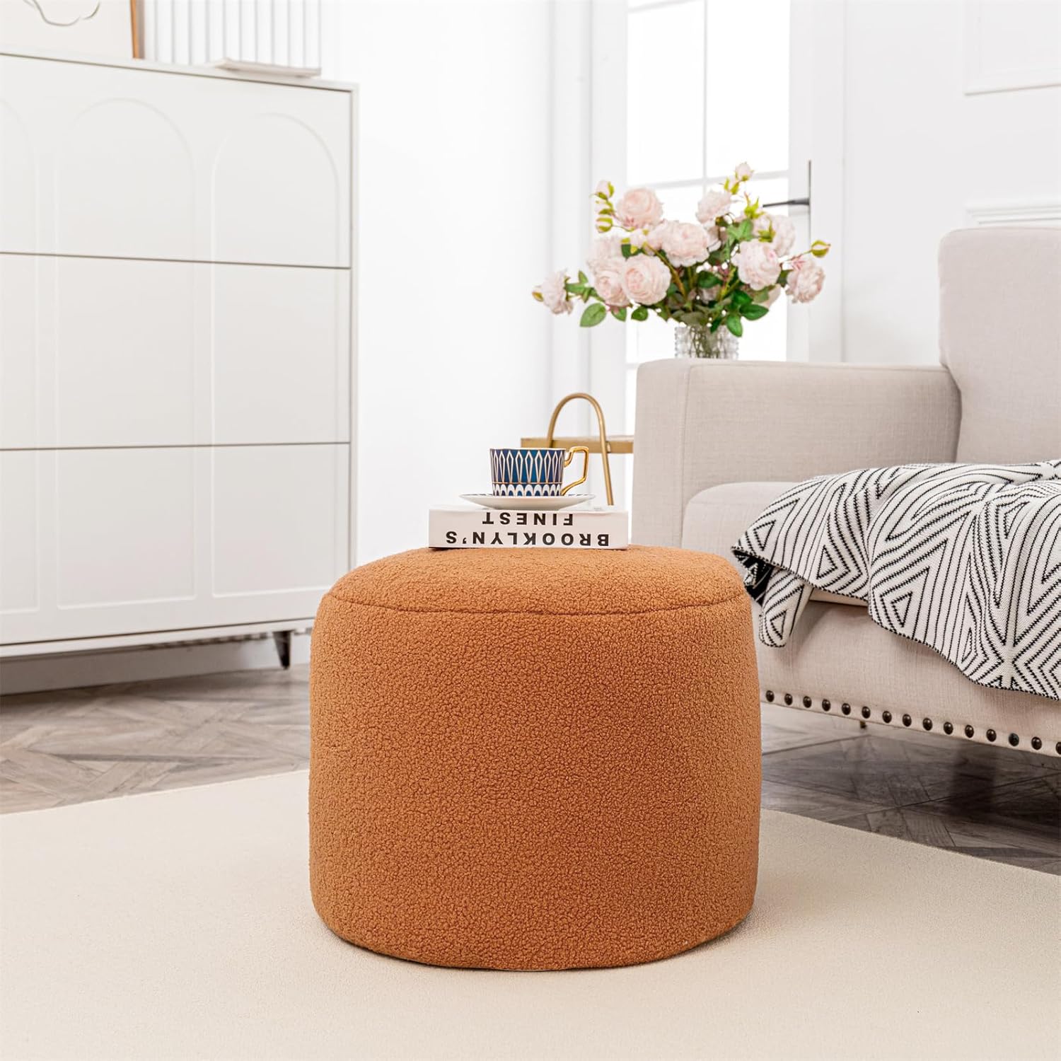 Round Pouf Ottoman 20" x 20" x 14"Inches Boho Poof Home Decor Floor Pouffe Ottoman Foot Rest for Couch Sofa Bean Bag Ottoman Chairs Living Room Bedroom (Orange)