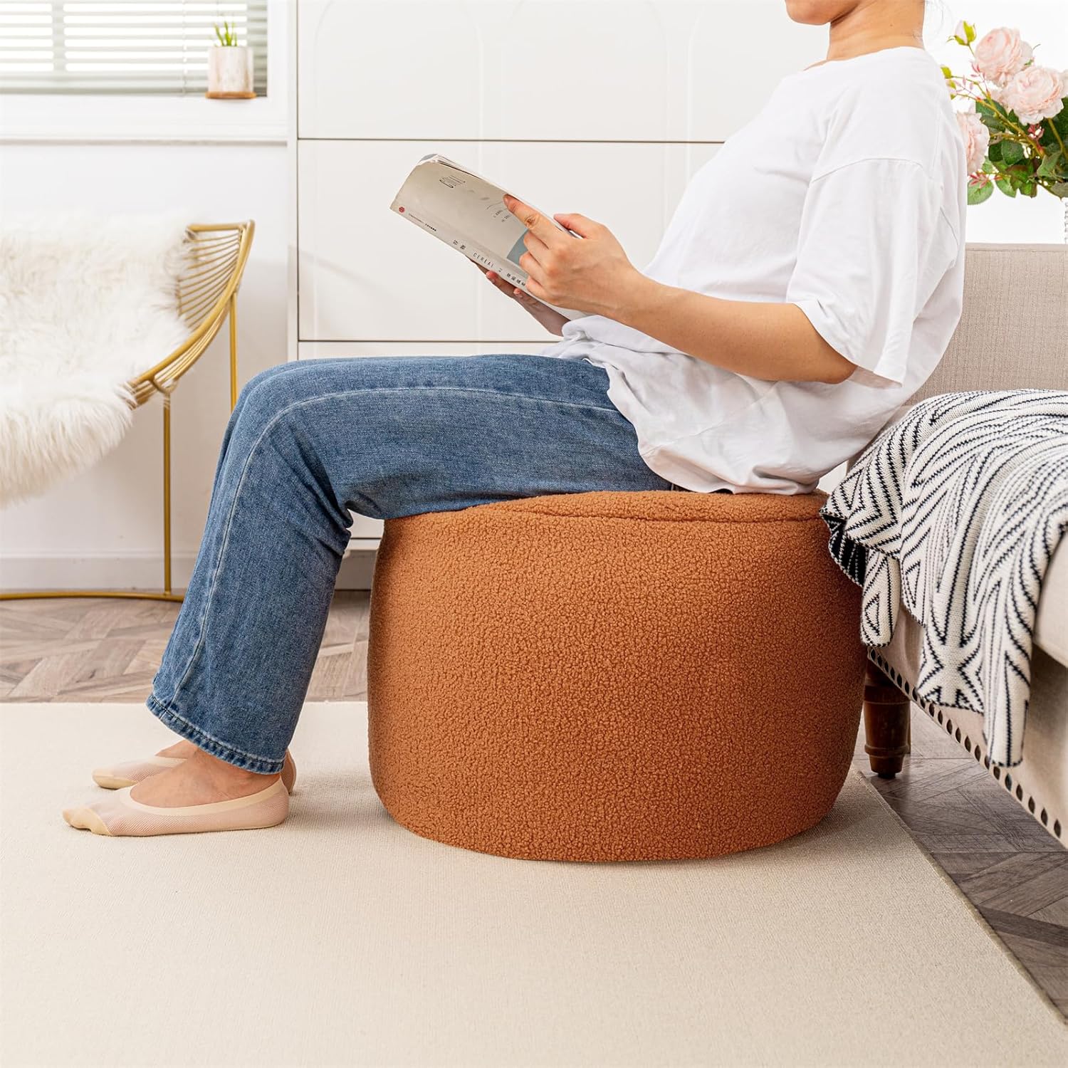 Round Pouf Ottoman 20" x 20" x 14"Inches Boho Poof Home Decor Floor Pouffe Ottoman Foot Rest for Couch Sofa Bean Bag Ottoman Chairs Living Room Bedroom (Orange)