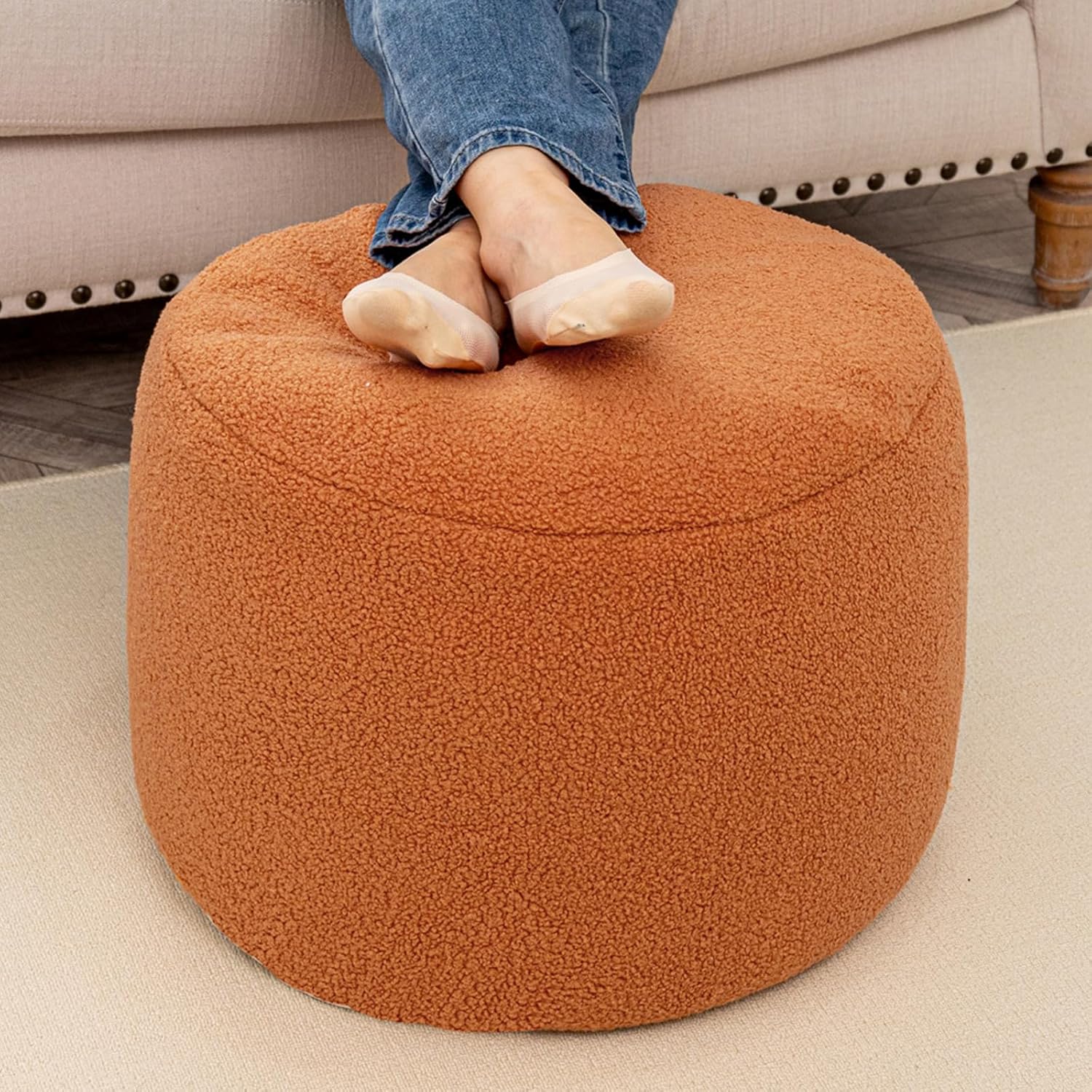 Round Pouf Ottoman 20" x 20" x 14"Inches Boho Poof Home Decor Floor Pouffe Ottoman Foot Rest for Couch Sofa Bean Bag Ottoman Chairs Living Room Bedroom (Orange)
