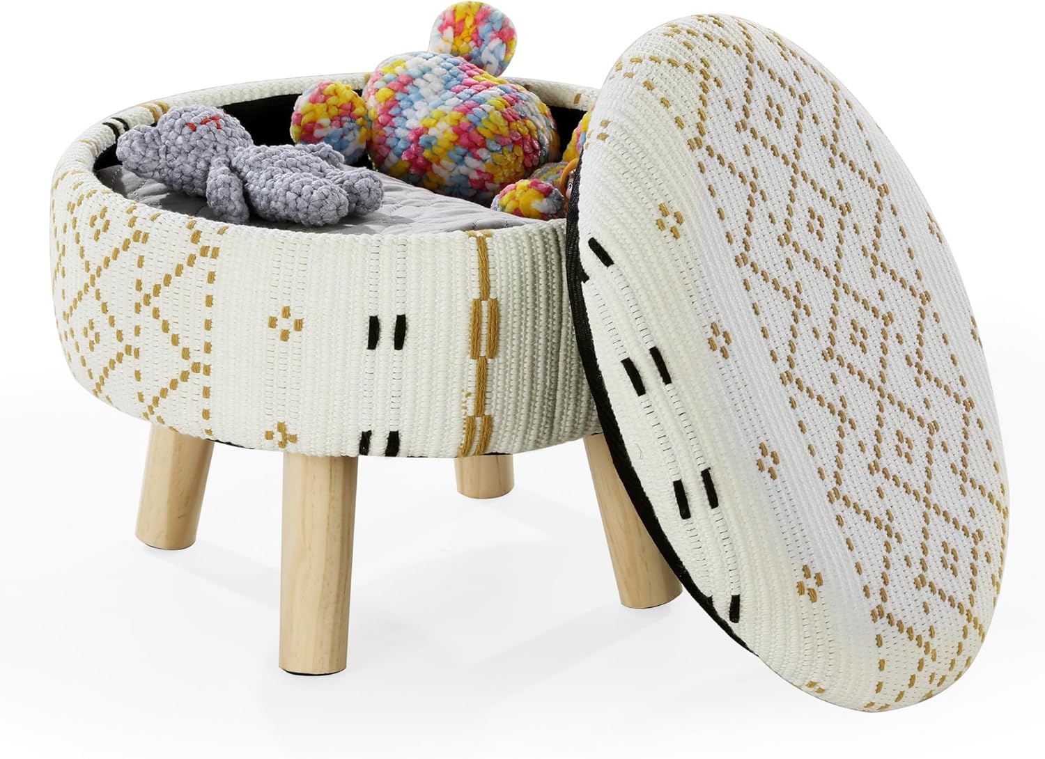 Boho Ottoman with Storage, Round Footrest Footstool Foot Stool Step Stool with Wood Legs, Vanity Chair Padded Foot Rest Padded Seat for Hallway, Living Room, Bedroom