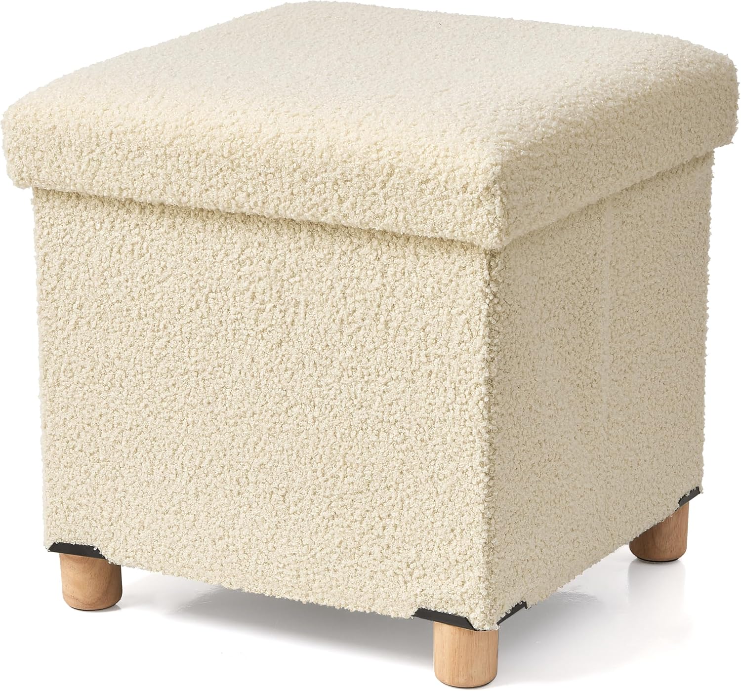 15" Storage Ottoman Dorm, Small Ottoman with Storage, Sherpa Small Foot Stools Ottoman, Folding Storage Ottoman Cube with Legs for Living Room Bedroom - Beige