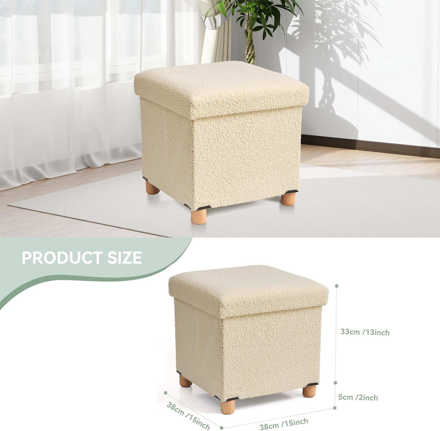 15" Storage Ottoman Dorm, Small Ottoman with Storage, Sherpa Small Foot Stools Ottoman, Folding Storage Ottoman Cube with Legs for Living Room Bedroom - Beige
