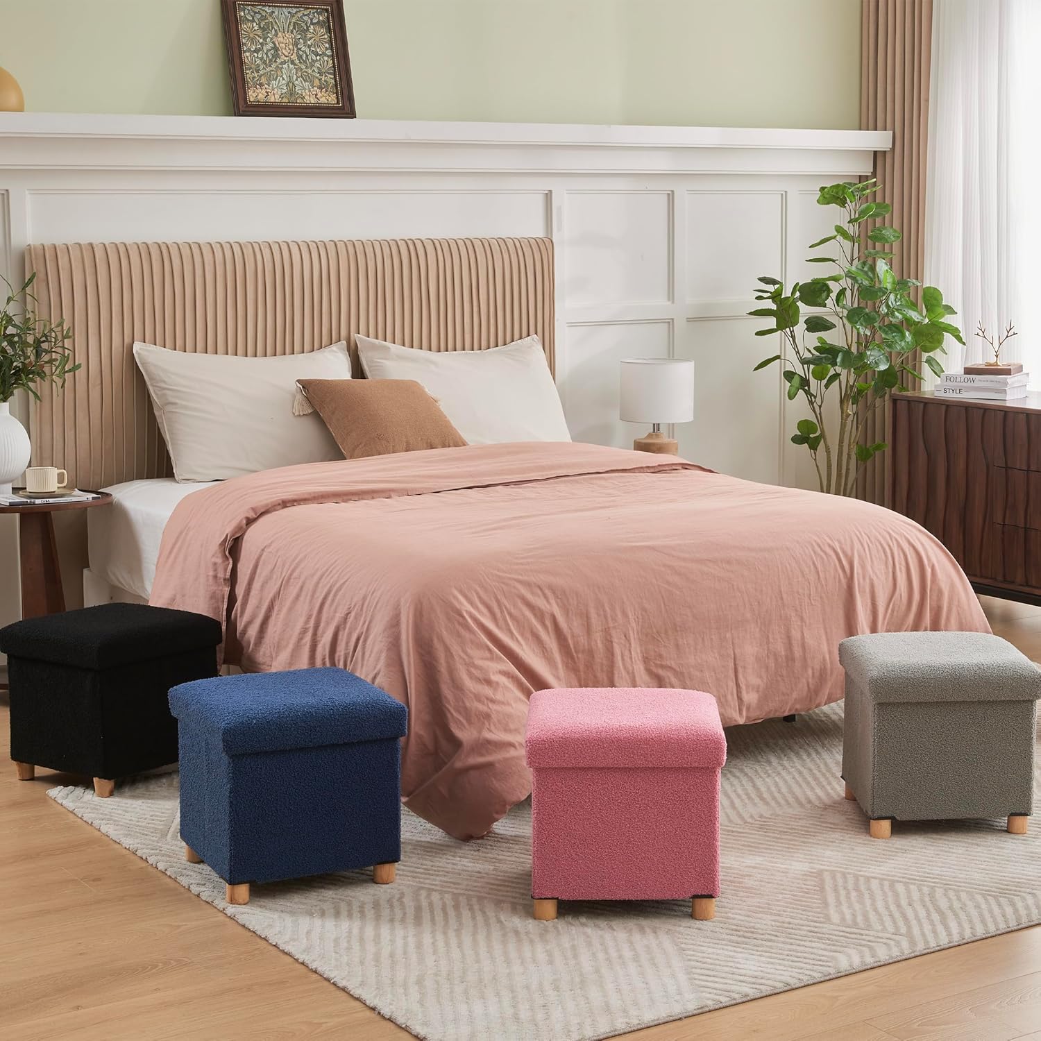 15" Storage Ottoman Dorm, Small Ottoman with Storage, Sherpa Small Foot Stools Ottoman, Folding Storage Ottoman Cube with Legs for Living Room Bedroom - Beige