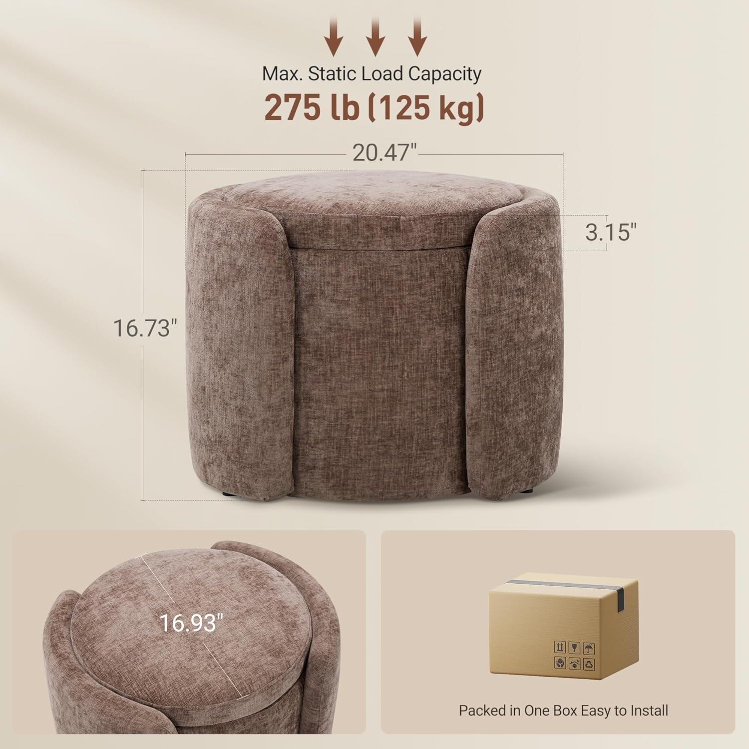 Storage Ottoman, Multi-Functional Upholstered Footstool for Living Room, Bedroom, 20.97" x 16.93" x 16.73", Brown