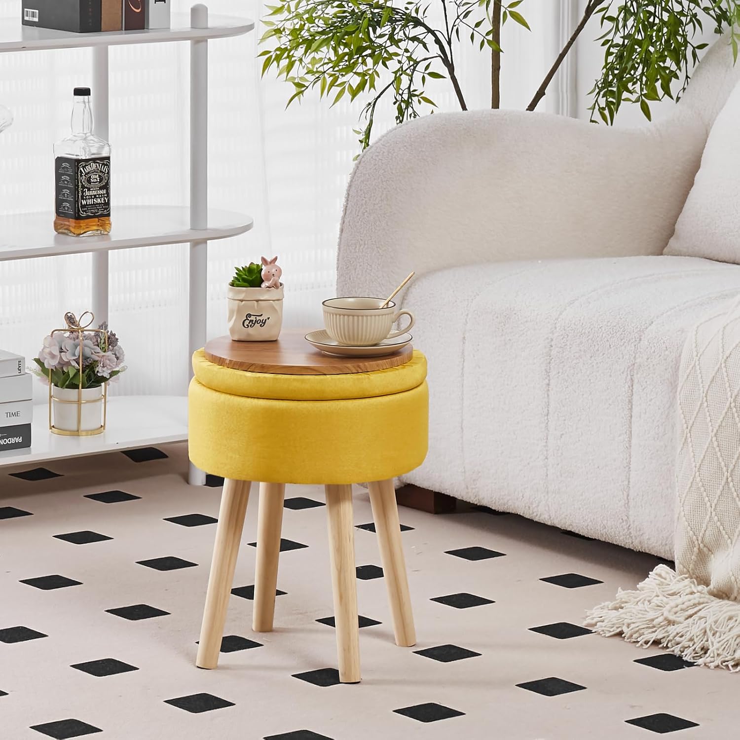 Storage Ottoman Foot Stool Linen Round Vanity Stool Tray Top Footstool with Wood Legs Multifunctional Upholstered Foot Rest Ottoman for Living Room, Bathroom, Makeup (Yellow)
