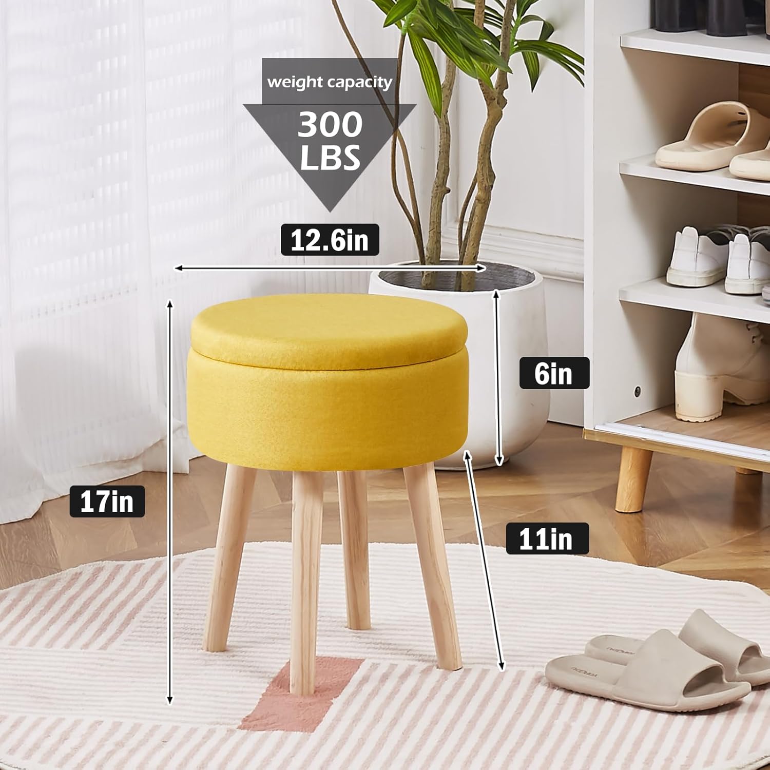 Storage Ottoman Foot Stool Linen Round Vanity Stool Tray Top Footstool with Wood Legs Multifunctional Upholstered Foot Rest Ottoman for Living Room, Bathroom, Makeup (Yellow)