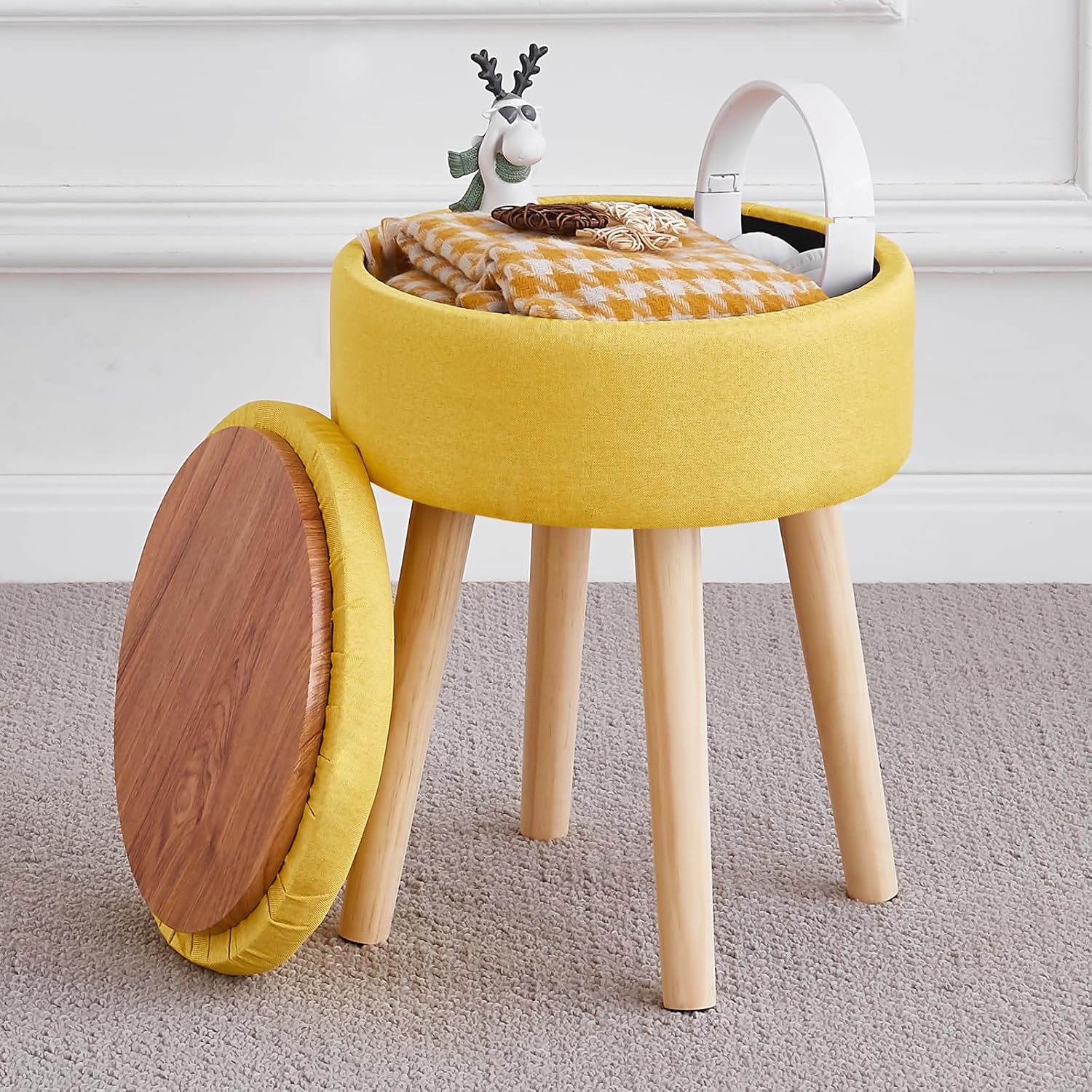 Storage Ottoman Foot Stool Linen Round Vanity Stool Tray Top Footstool with Wood Legs Multifunctional Upholstered Foot Rest Ottoman for Living Room, Bathroom, Makeup (Yellow)