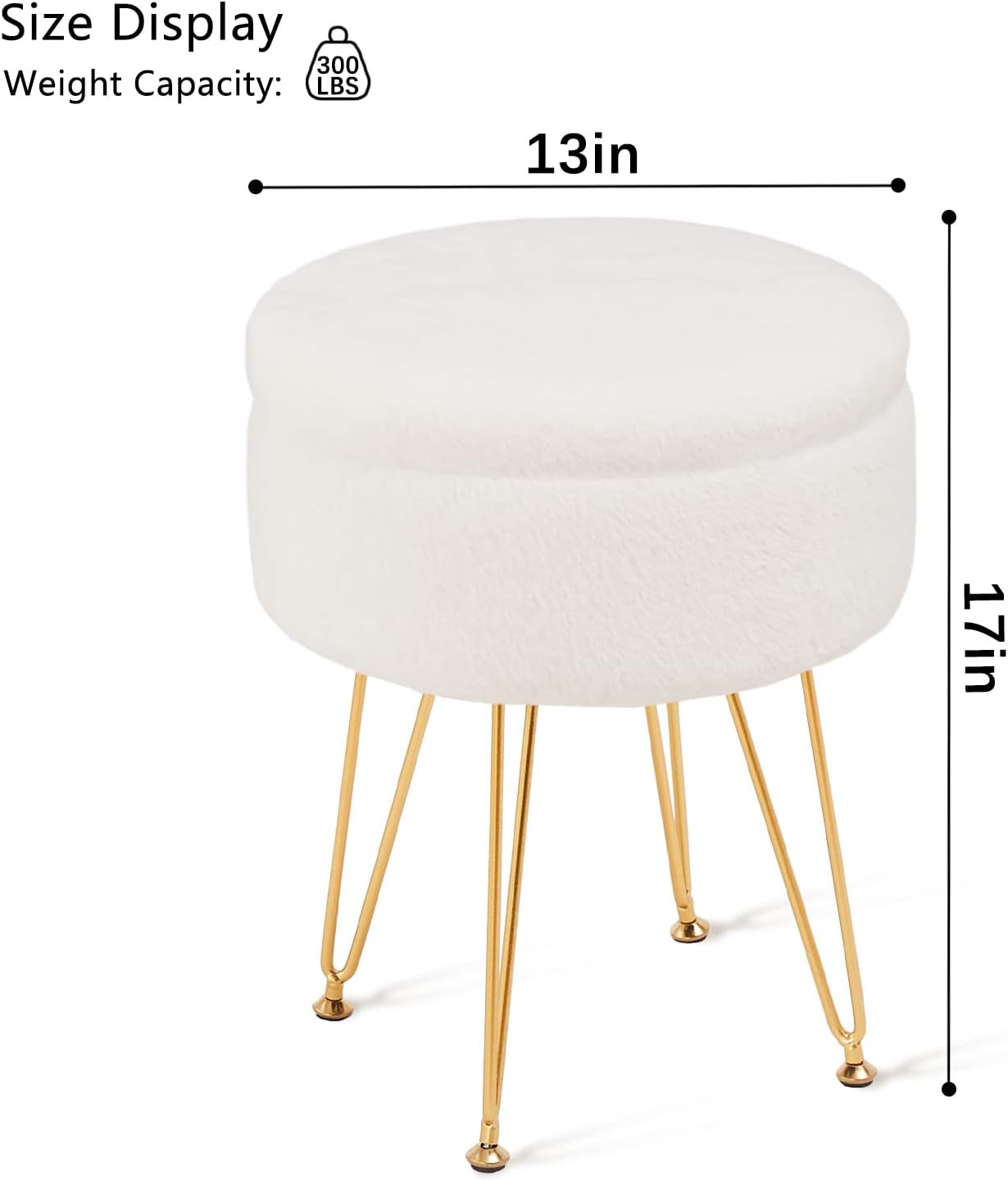 Footrest Footstools Round Faux Fur Ottoman with Storage Space Soft Vanity Chair Seat Coffee Table Ottoman Small Side Table Metal Legs with Adjustable Footings (Cream)